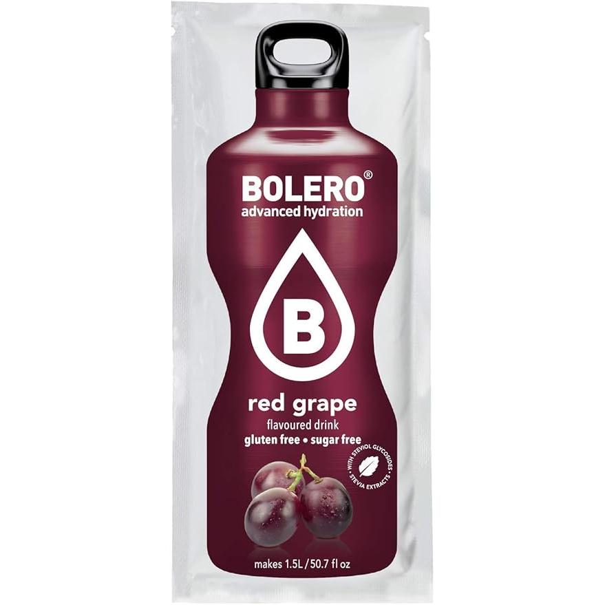 Bolero Bebida Instantánea Sin Azúcar, Sabor Uva Roja, Pack de 12x9g. Un refresco en polvo bajo en calorías y carbohidratos, con Stevia y Vitamina C.