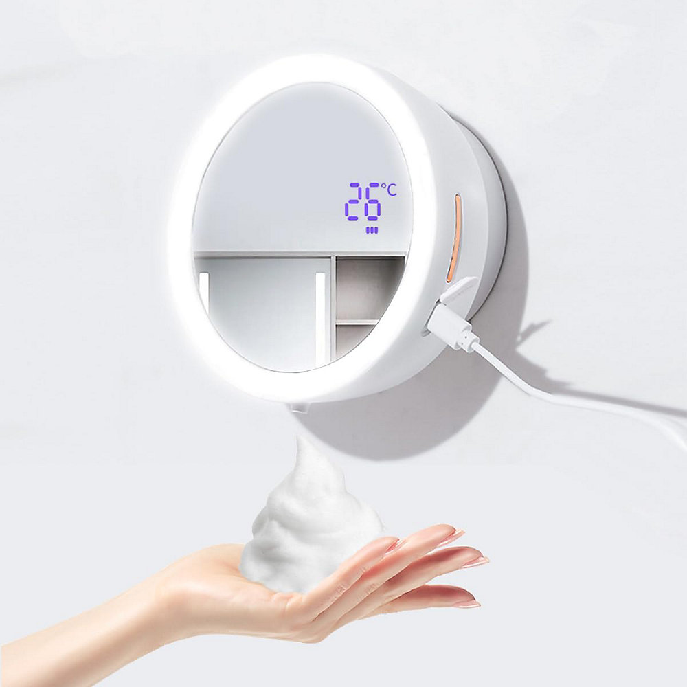 CA Dispensador automático de jabón en espuma, dispensador de jabón para baño con espejo, 3 niveles ajustables, blanco