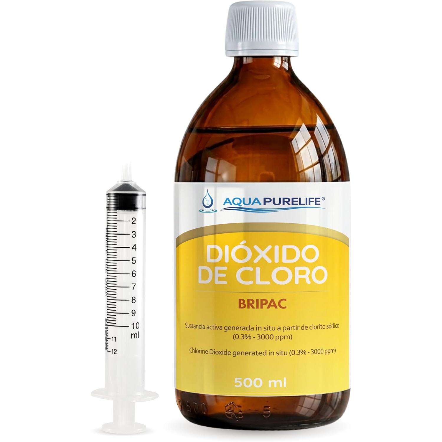 AQUAPURELIFE Dióxido de cloro CDS · 3000 ppm (0,3%) · Solución activada · Vidrio ámbar · Jeringuilla dosificadora y adaptador incluidos