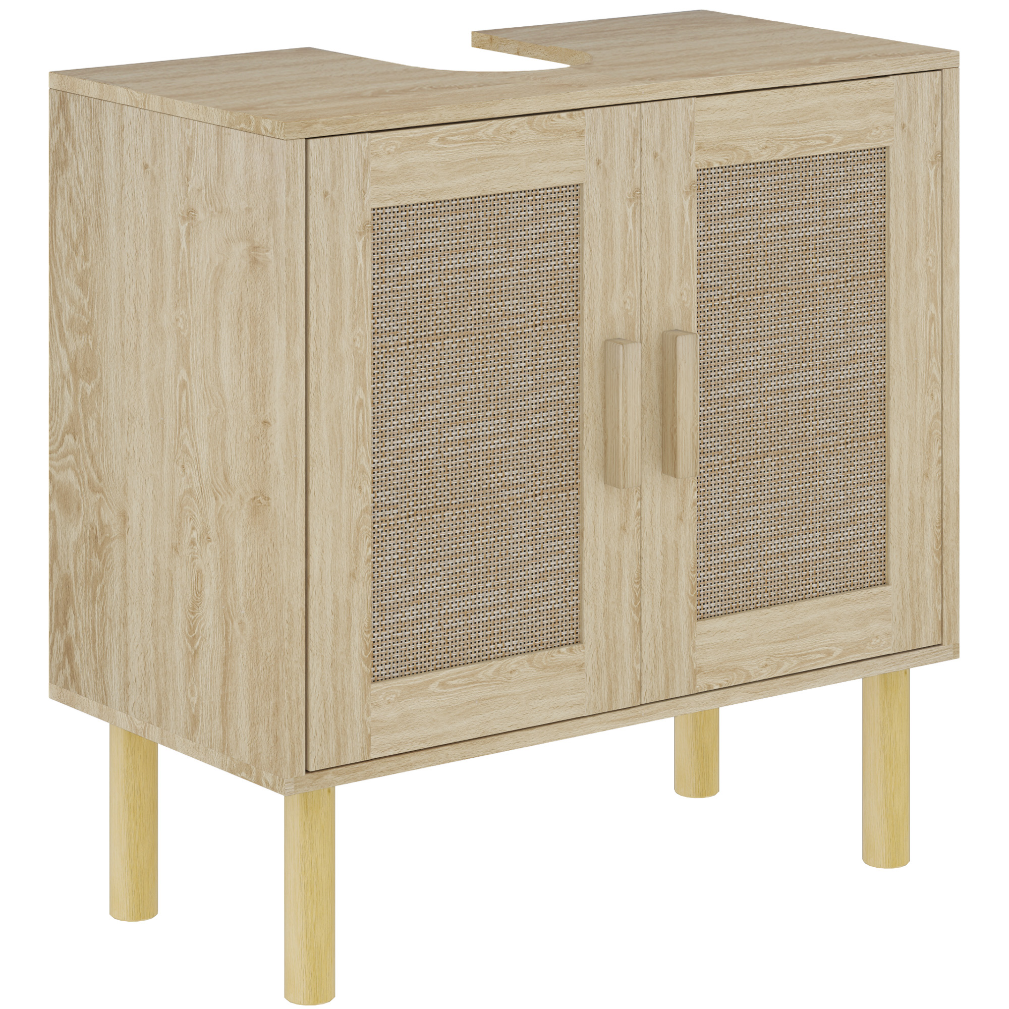 HOMCOM Mueble de baño bajo lavabo, mueble de lavabo, puertas de ratán, estilo bohemio, patas de madera de pino, 2 niveles, 60 x 30 x 60 cm, roble