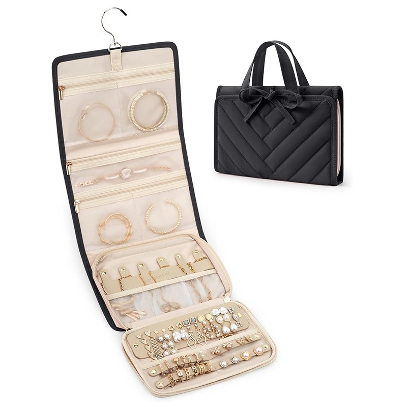 CA Caja de almacenamiento de joyas de viaje, rollo de joyería plegable adecuado para anillos de viaje, collares, aretes, pulseras,
