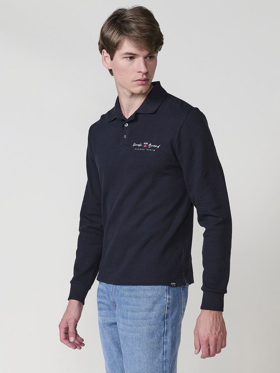 Koroshi - Polo hombre manga larga de 100% algodón con cuello camisero, color navy, para look smart casual o entretiempo