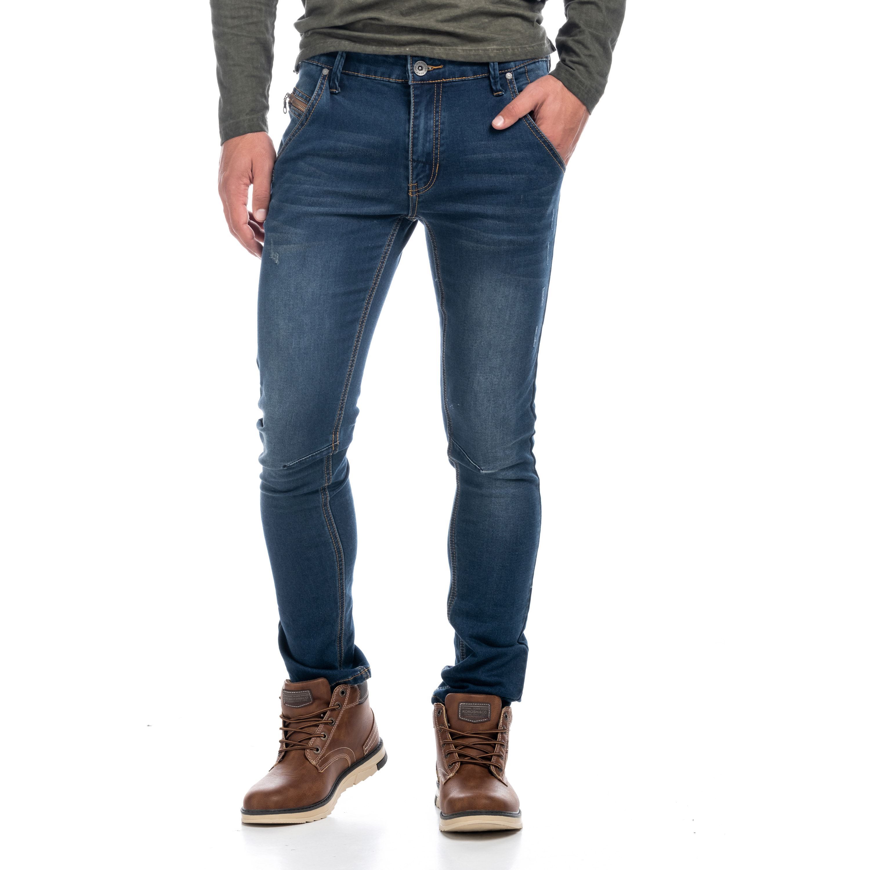 Koroshi - Pantalón vaquero slim hombre Koroshi Azul Oscuro con bolsillo cremallera y costuras en rodilla, 98% algodón + 2% elastano