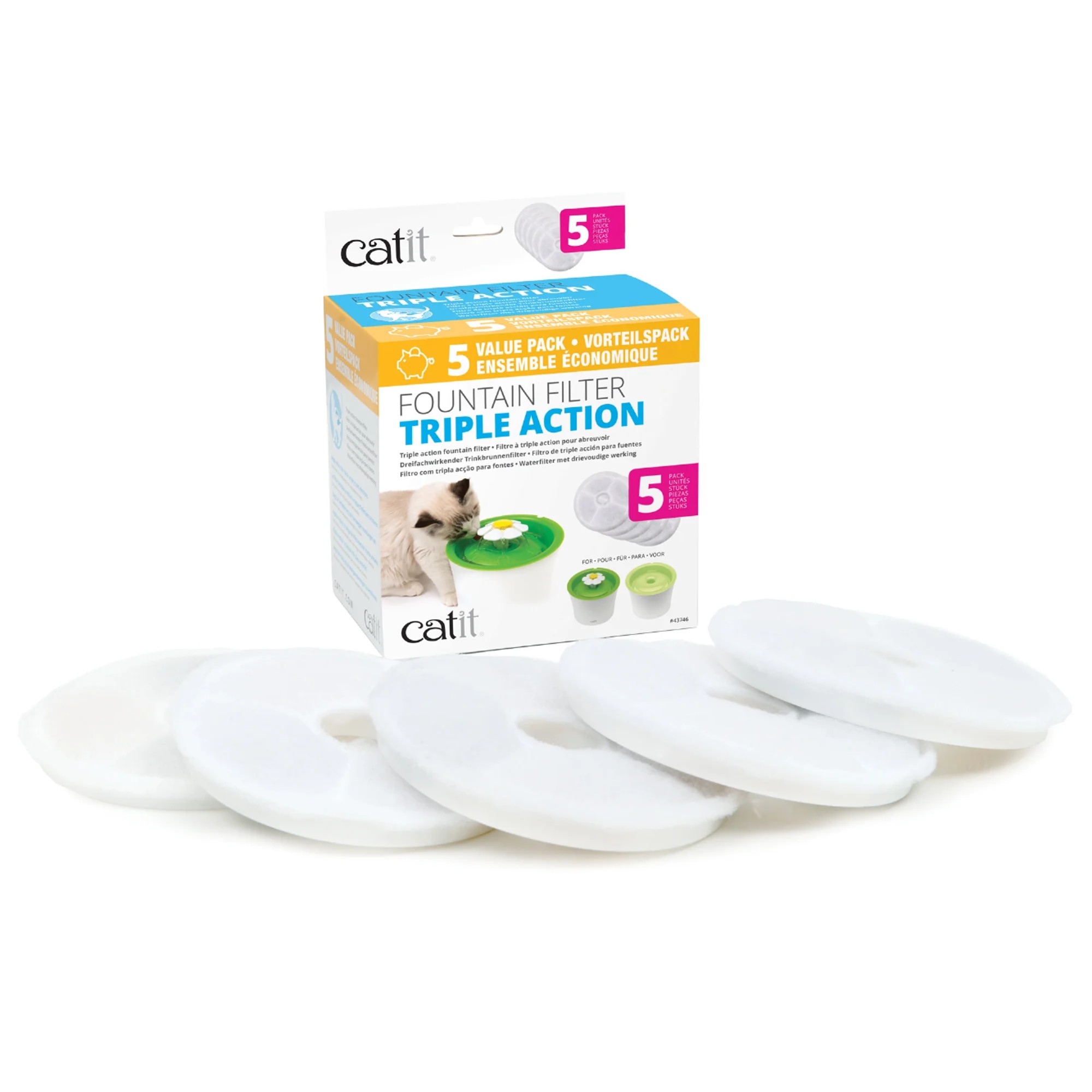Catit. Cartucho Triple Acción para Flower Fountain. 5 filtros. Proporcionan filtración tres en uno para que tu gato pueda disfrutar de agua potable limpia y sin olores.