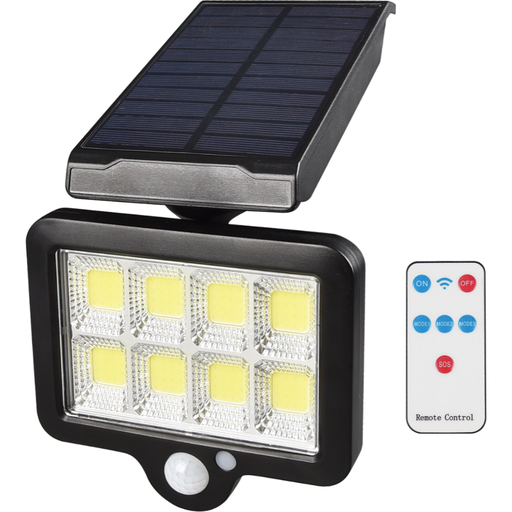 SODANY Luz Solar Exterior 2250LM con 128 COB, Sensor de Movimiento, Mando a Distancia, Batería 3600mAh y Rotación 360°