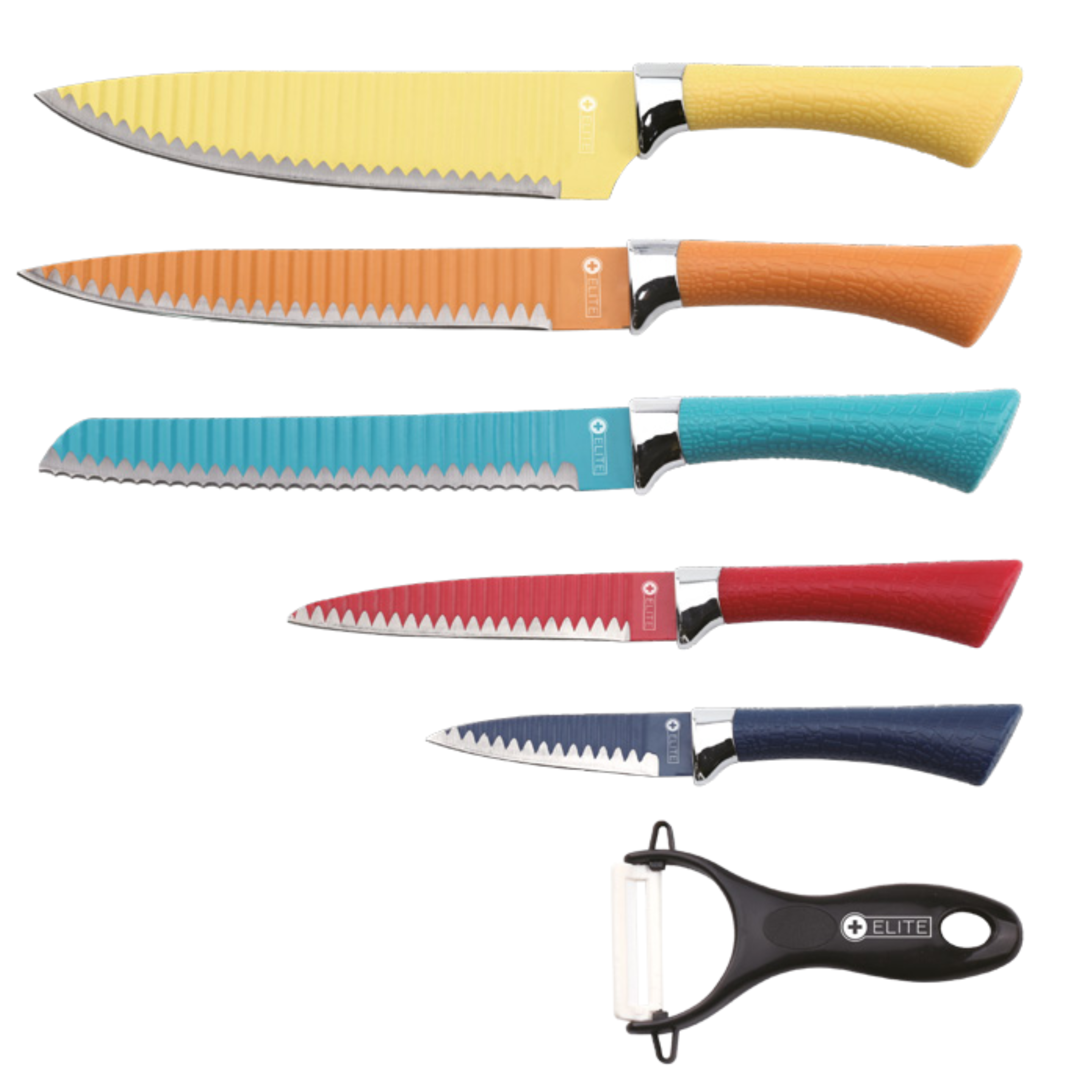 Set de 5 Cuchillos de Cocina Elite de Acero Inoxidable y Pelador, Mango Ergonómico Con Agarre Antideslizante