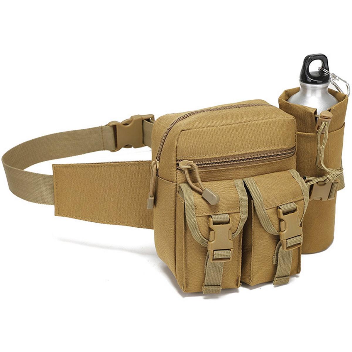 Riñonera - Riñonera con portabotellas - Bolsa - Riñonera para exteriores - Bolso bandolera multifuncional - Riñonera pequeña - Riñonera para camping, senderismo y escalada - Bolso táctico - Para viajar/para llevar - Caqui