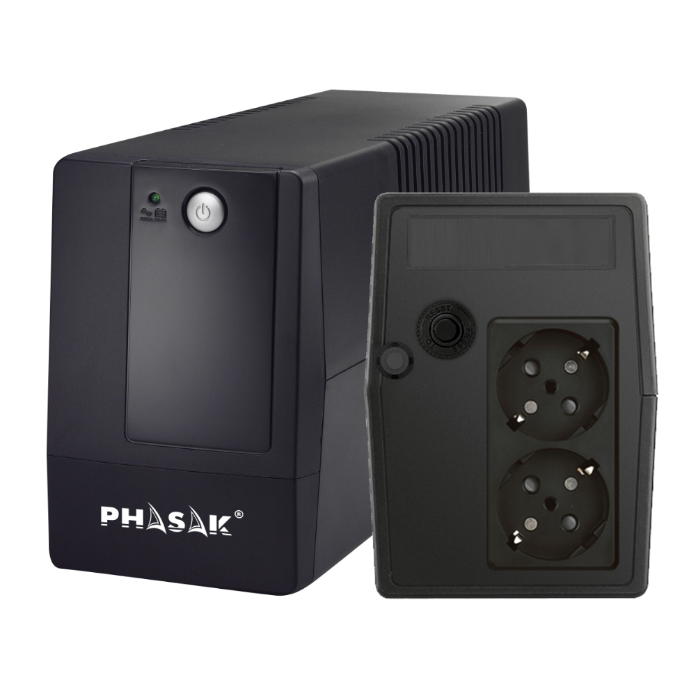 SAI Phasak Basic 800VA 480W Interactivo con AVR – 2 Schuko con Respaldo, Indicadores LED, Batería 12V 9Ah – Para PC, Router y TPV – PH 9408