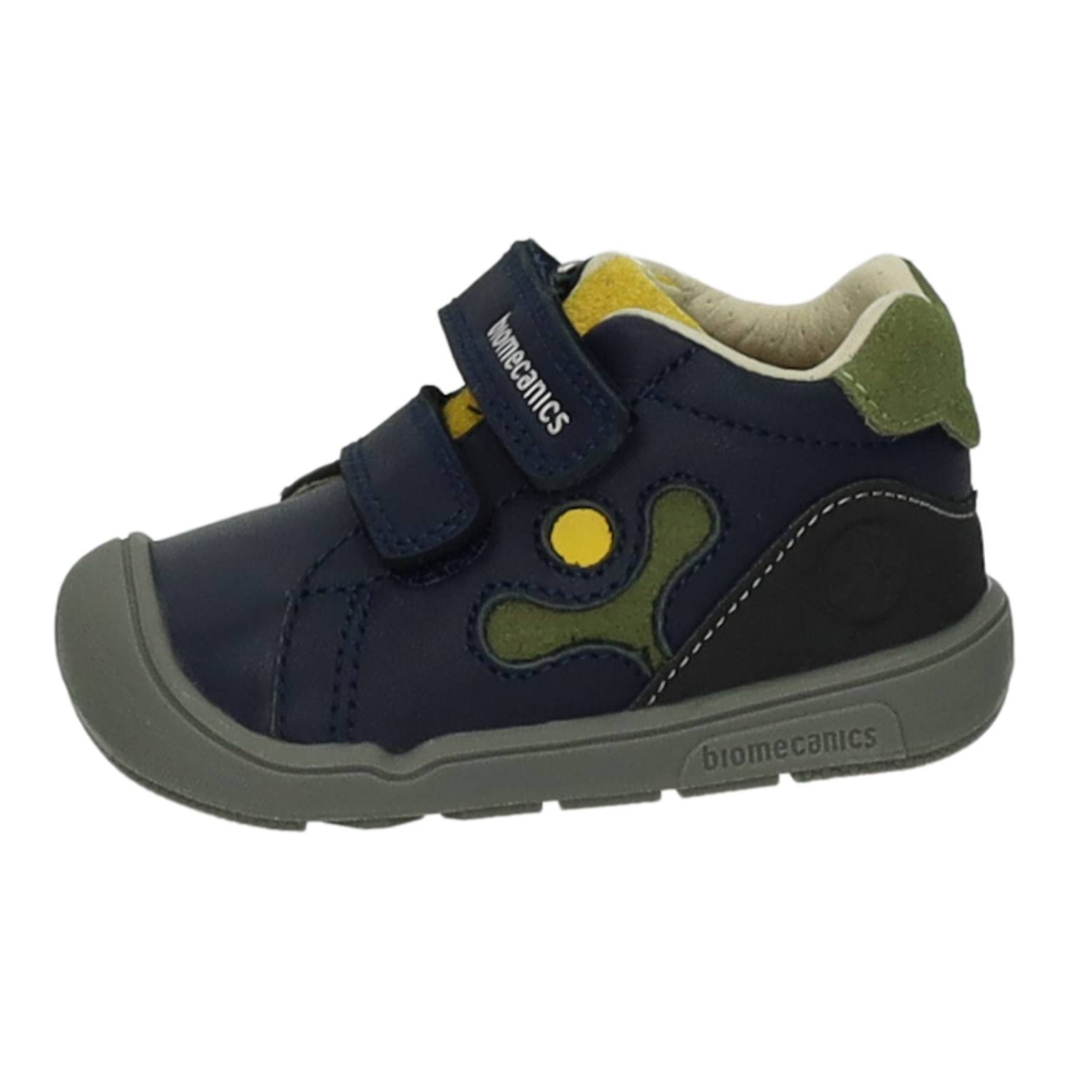 Deportivos marca BIOMECANICS para niño en color marino. Calzado Infantil Barefoot Primeros Pasos, de Piel, Suela Flexible Zero Drop, Horma Ancha, Doble Cierre Adherente y Puntera Reforzada