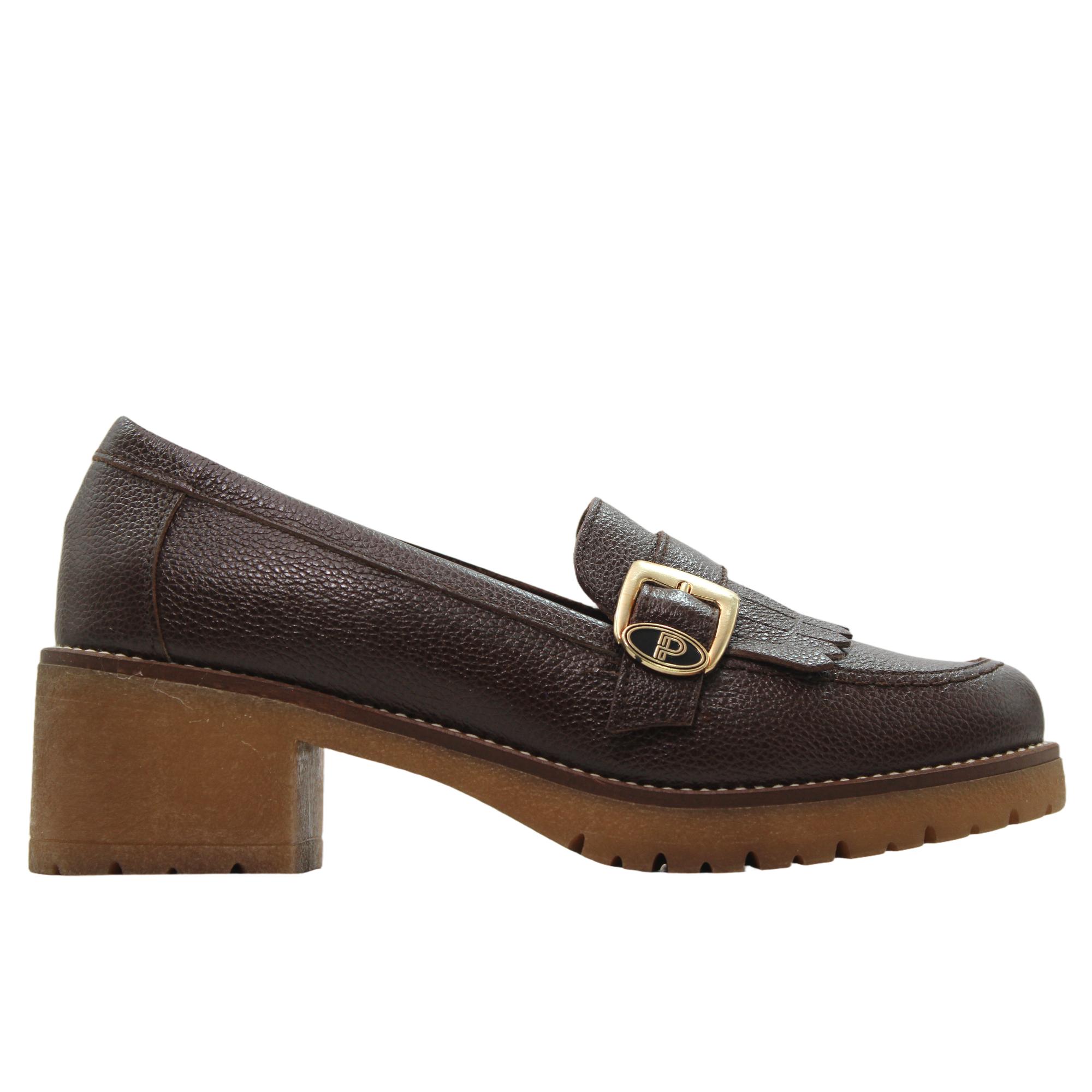 PITILLOS 20522 Mocasines de piel, flecos y hebilla ornamental, tacón bloque, suela goma track, para señora