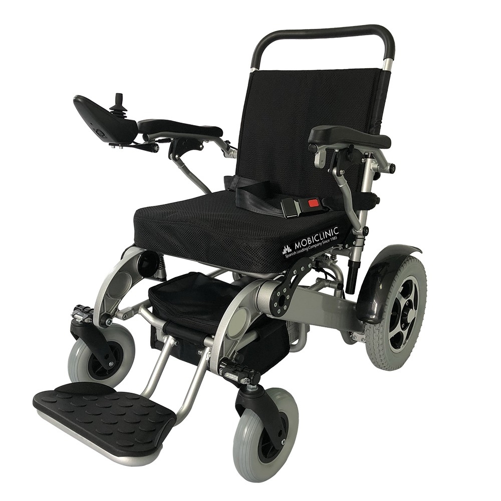 Mobiclinic Silla de ruedas eléctrica modelo Troya Plus Marca Española Plegable con Motor para discapacitados Ortopédica para mayores Ligera asiento 45 cm Autonomía 34 km 2x24V color Negro
