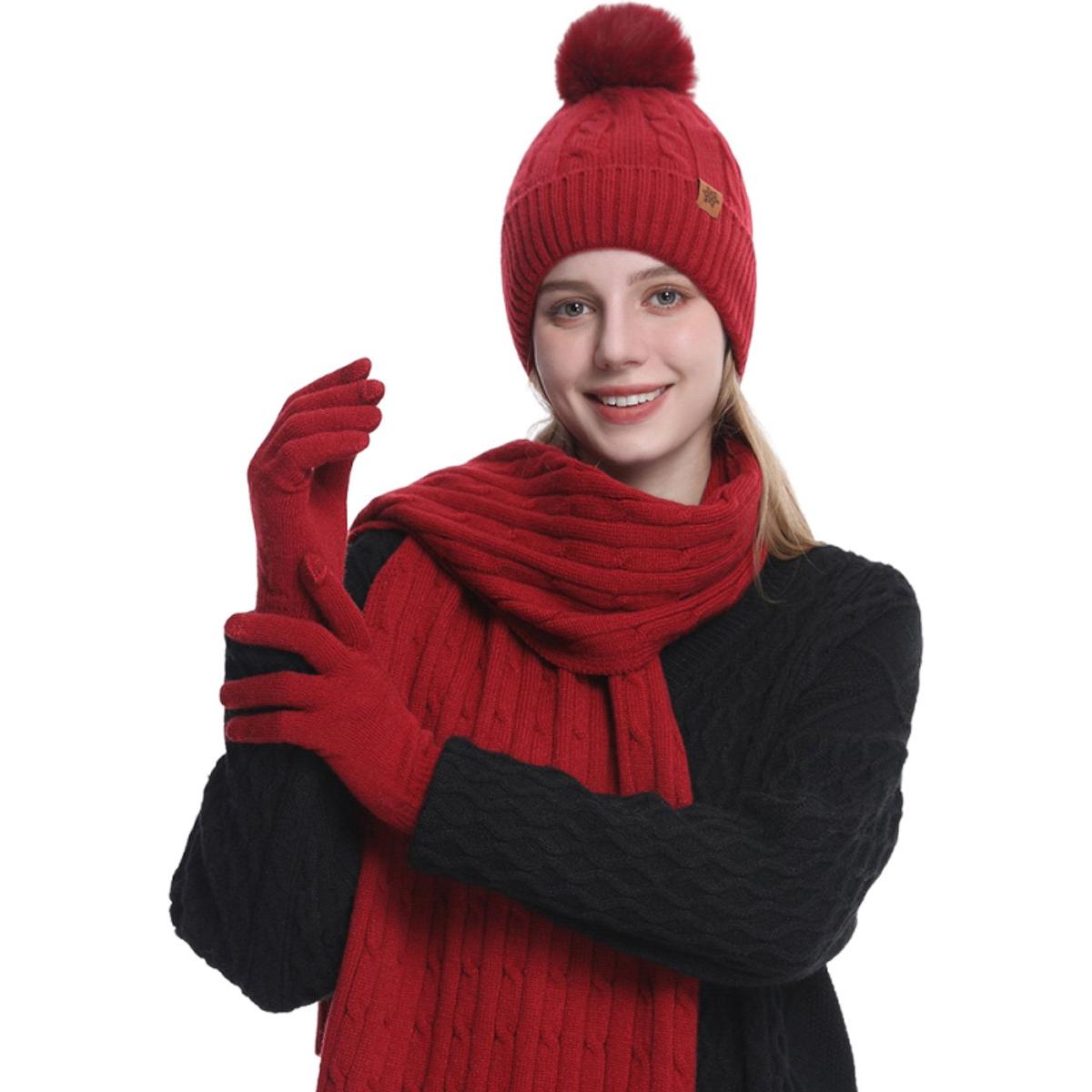 Winterset met drie accessoires in één: muts, sjaal, handschoenen en een gebreide muts met pompons, geschikt voor dagelijks gebruik en buitenactiviteiten in de herfst en winter. (Rood)