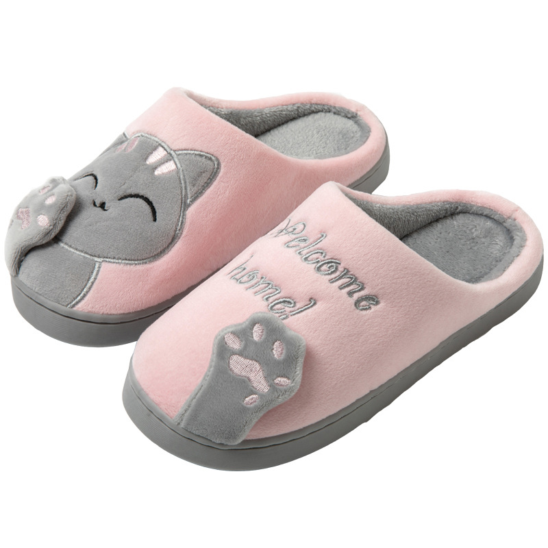 TK Zapatillas De Casa De Algodón Invierno Para Hombres Y Mujeres Con Bordado De Gato Suaves No Esmeriladas Cálido Sandalias De Plush