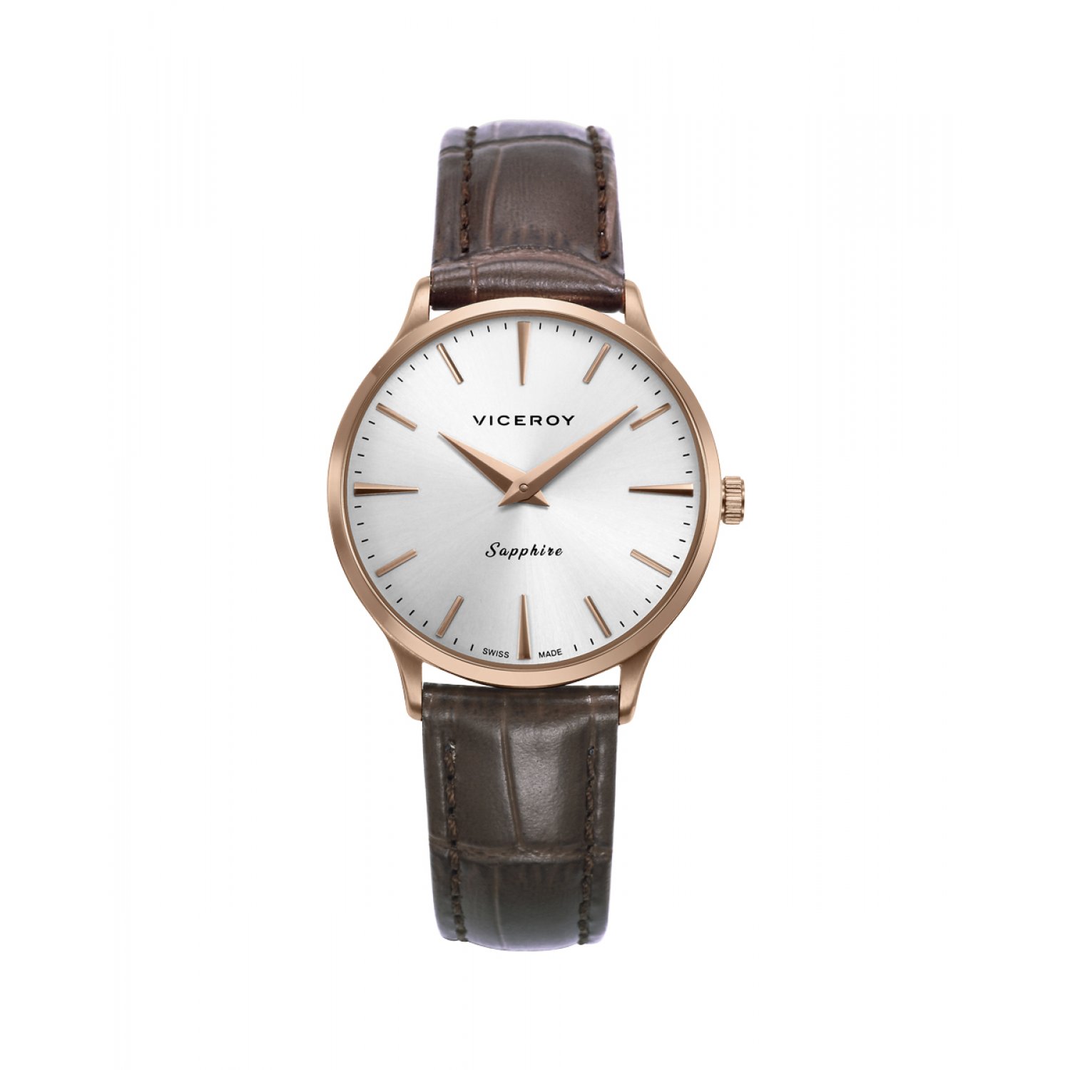 Viceroy Reloj caja de acero Ip rosa 5 Atm, correa de piel marron, movimiento cuarzo Suizo, Swiss made