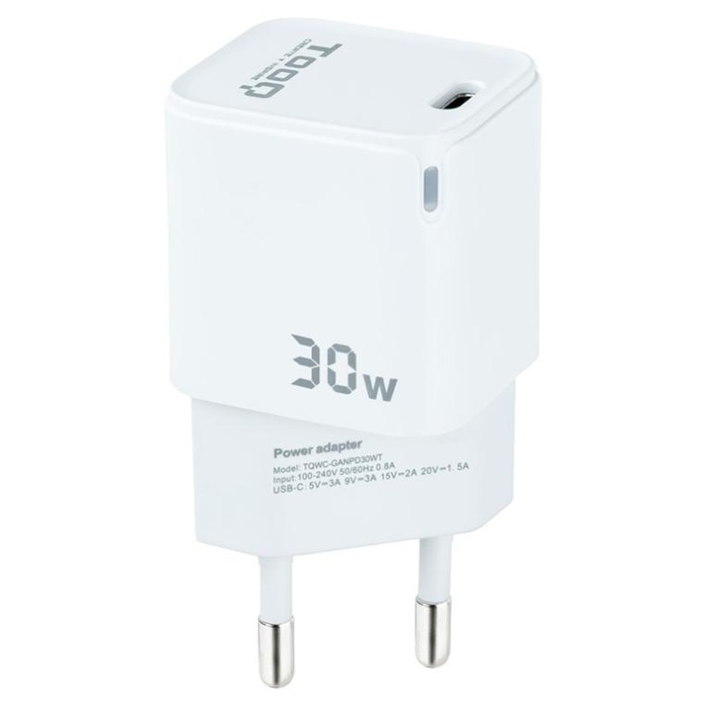 TooQ - Cargador GaN USB-C 30W compacto con tecnología avanzada para dispositivos móviles, carga rápida y eficiente, ideal para uso diario, color blanco