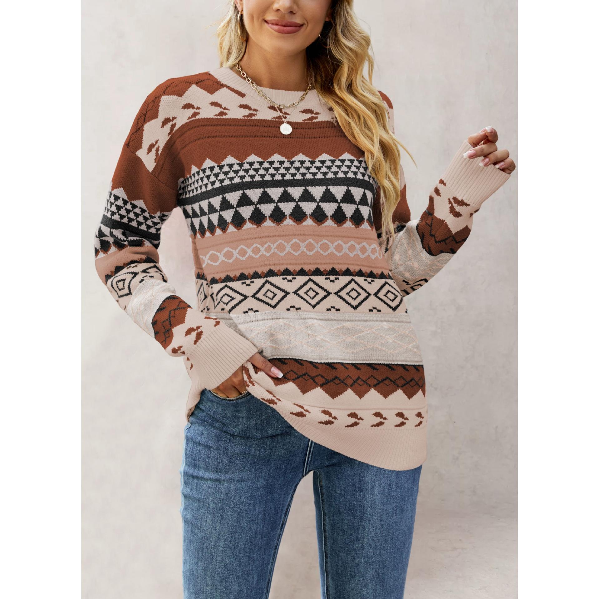 ZENYTH Suéter retro de punto con estampado de rombos y jacquard multicolor para mujer, otoño/invierno