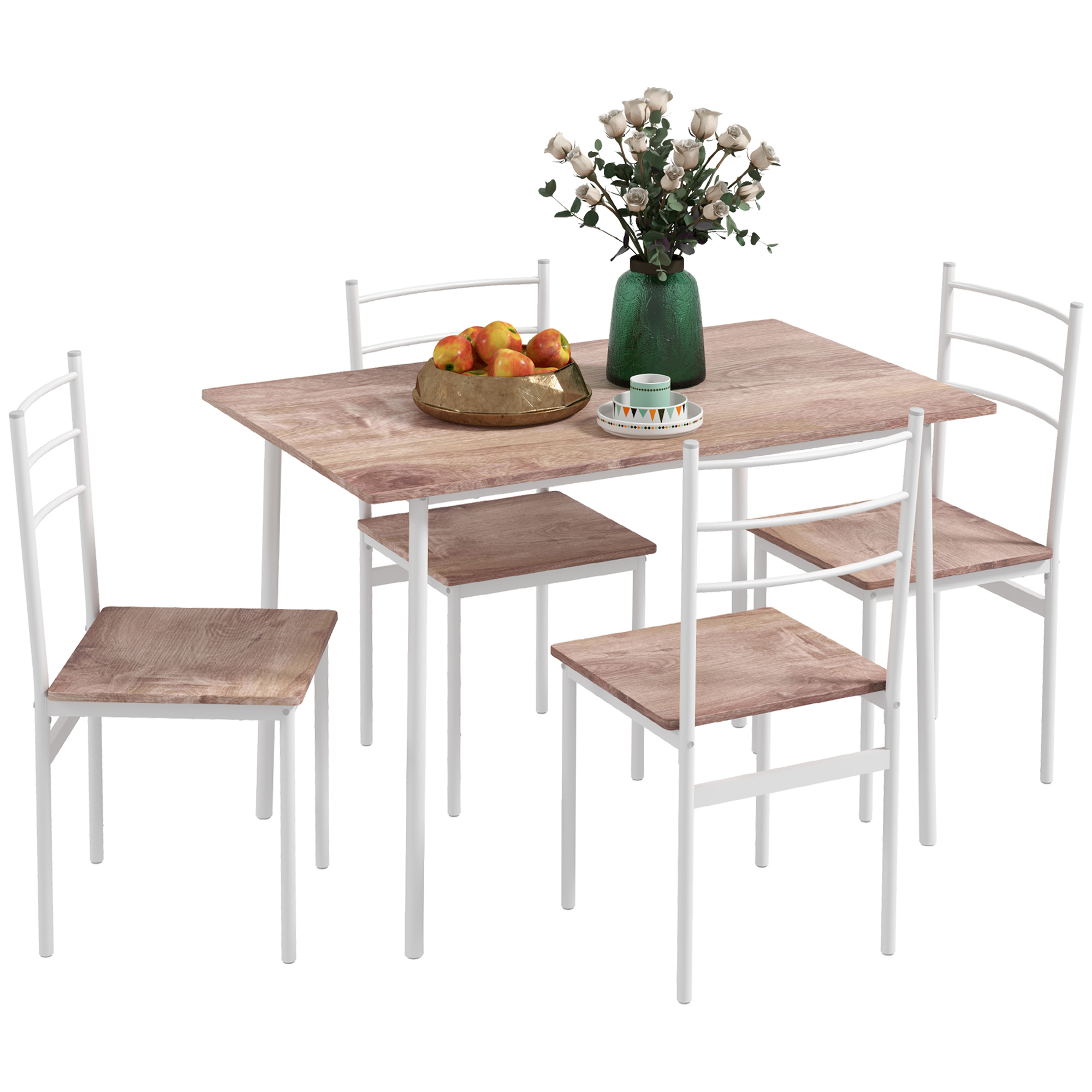 HOMCOM Conjunto de Comedor 5 Piezas Juego de 1 Mesa y 4 Sillas con Pies Acero para Cocina Restaurante 110x70x75 cm Madera Natural y Blanco