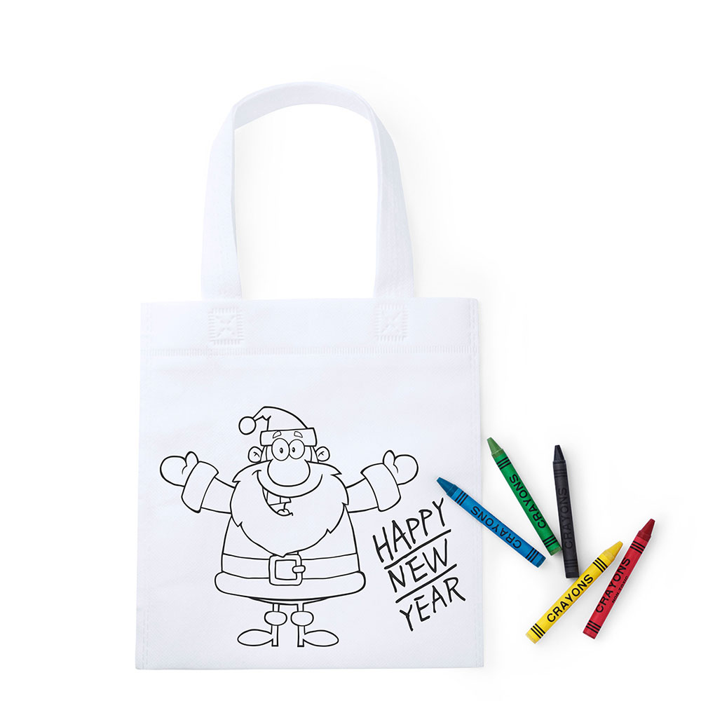 Bolsa de merienda de Navidad para colorear con dibujos navideños y 5 ceras de colores. Regalo para dar a los niños y niñas en fiestas de cumpleaños, colegios, guarderías, Bodas, Bautizos, Comuniones y eventos infantiles.