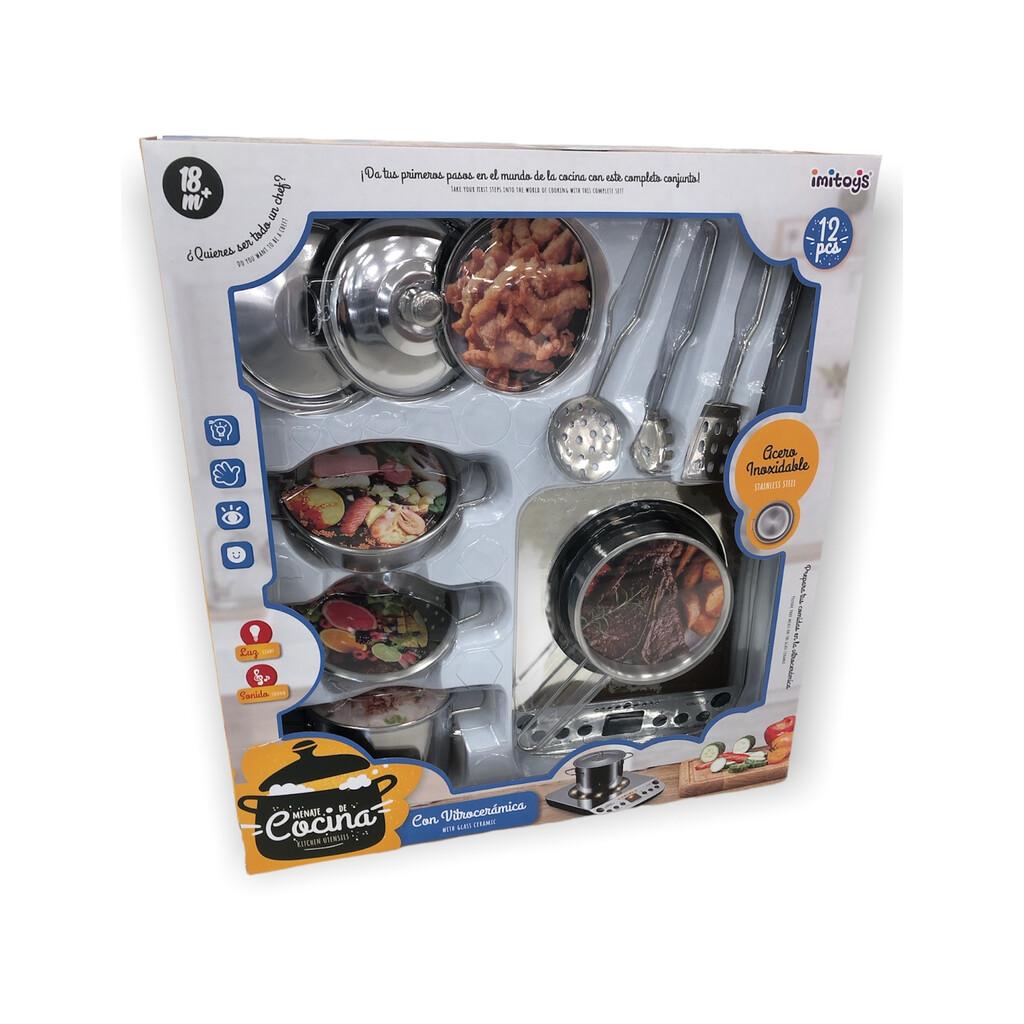 IMITOYS Menaje de Cocina 12 Piezas Acero Inoxidable con Vitrocerámica - Divertidos Platos