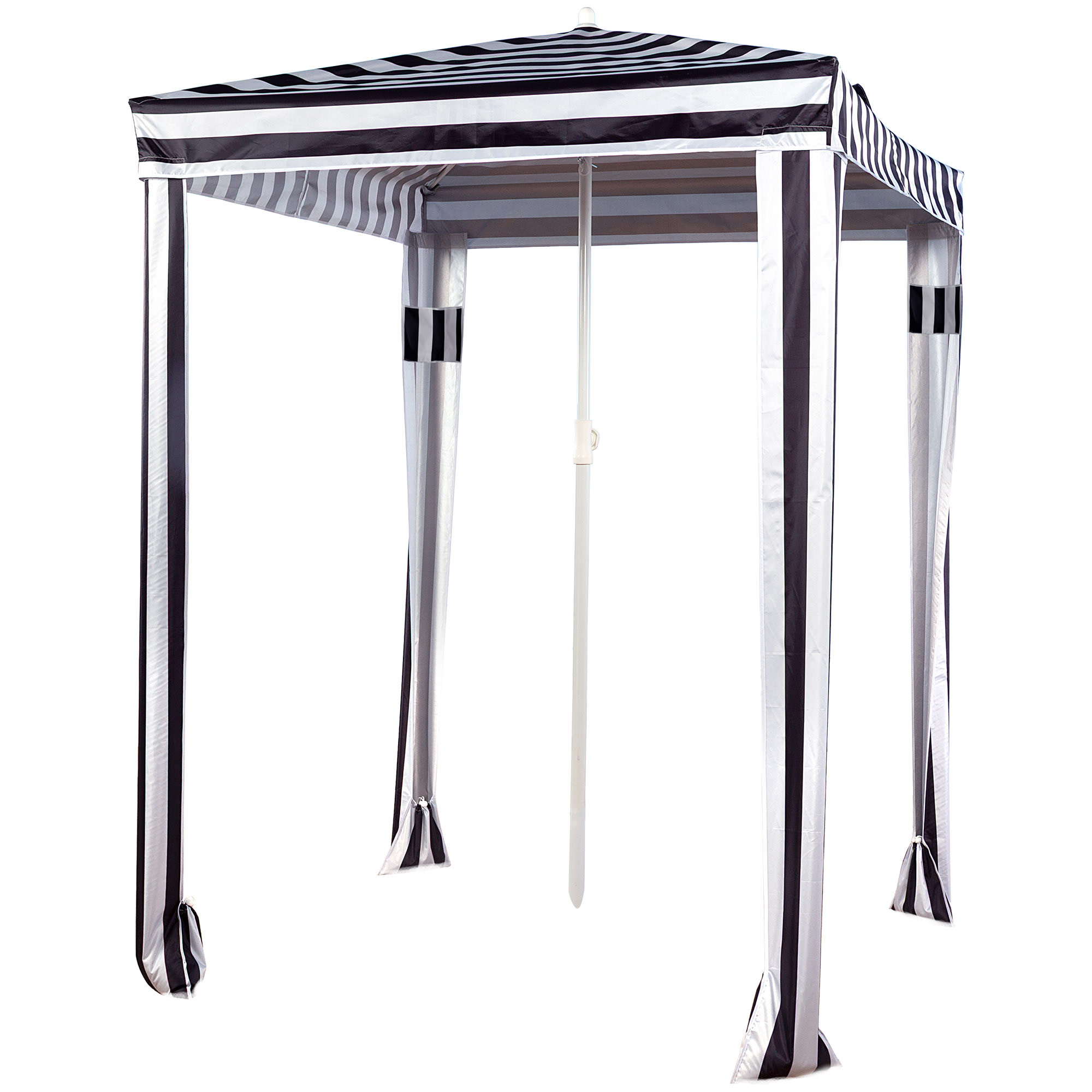 Aktive - Sombrilla playa, carpa playa, 2 en 1, mide 145x145 cm, rayas blanco y negro, altura ajustable 145-210 cm, protección solar UV50, revestimiento plateado, funda transporte, mástil acero 28/32 mm, sombrilla terraza