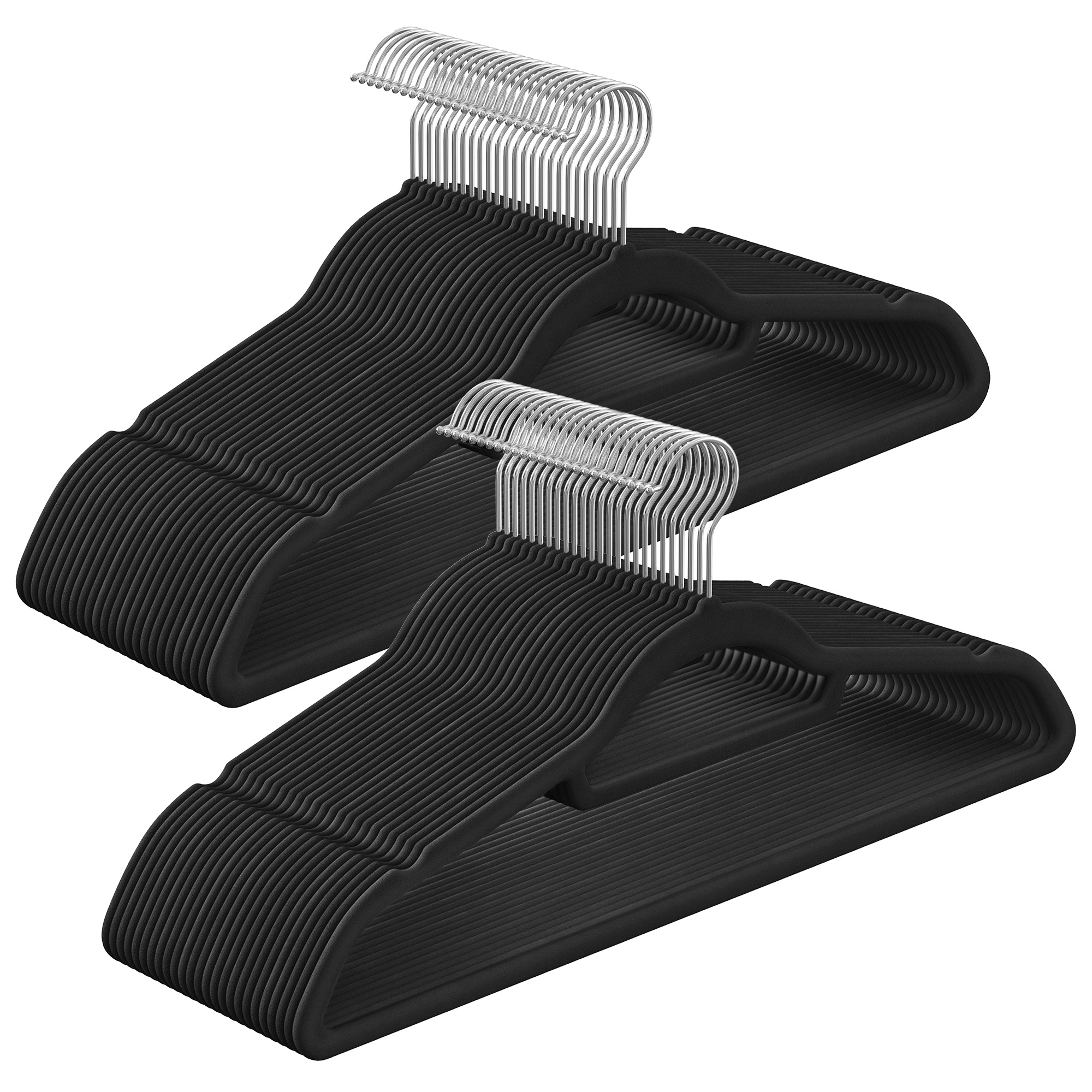 SONGMICS 50 Perchas de Terciopelo, Set de Perchas con Superficie Antideslizante, Ahorro de Espacio, Gancho Cromado Giratorio a 360º, Negro