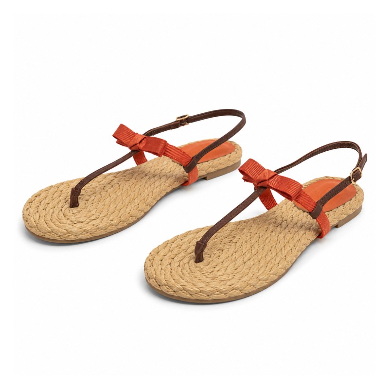 Sandalia Plana De Dedo Para Mujer, Color Naranja Y Marrón. Montevita Ibiza 105300