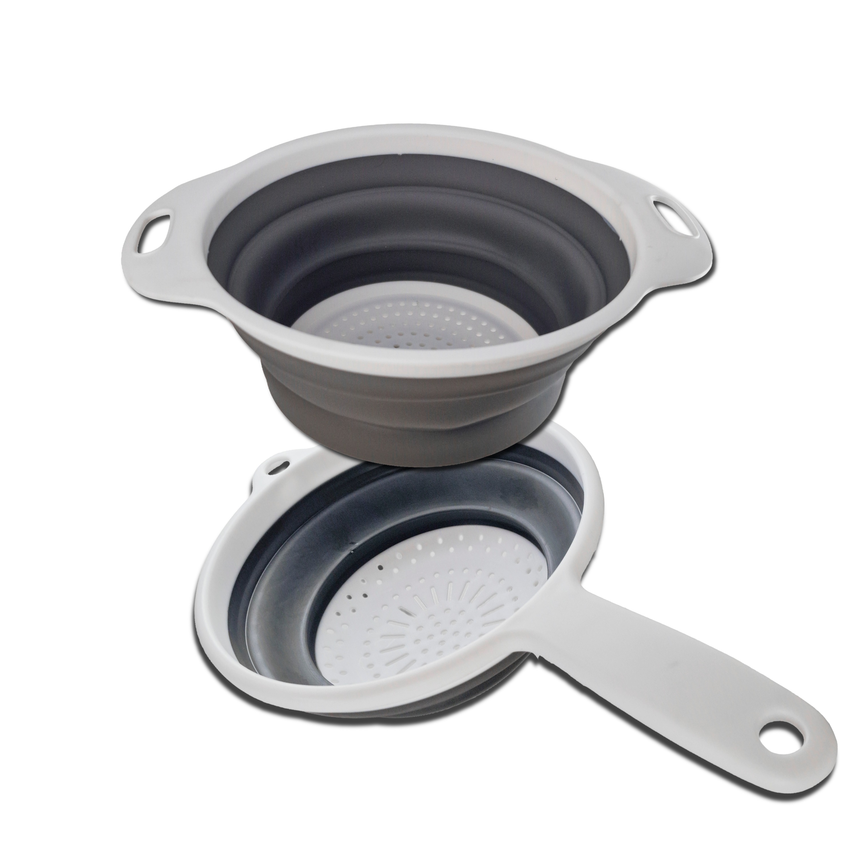 Colador Plegable de Silicona 20 cm – 2 Piezas, Escurridor Plegable con Mango/Asas, Ideal para Pasta, Verduras y Frutas – Color Blanco y Gris (COLADOR MANGO 20CM + COLADOR ASAS 20 CM)
