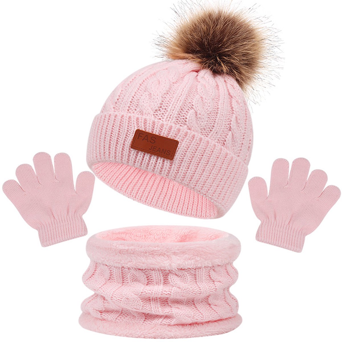 3-in-1 warme kledingset voor kinderen, inclusief muts, handschoenen en sjaal; wintermuts met kwastjes voor kinderen; gevoerde sjaal voor kinderen; winteraccessoireset geschikt voor kinderen van 2 tot 7 jaar; roze.