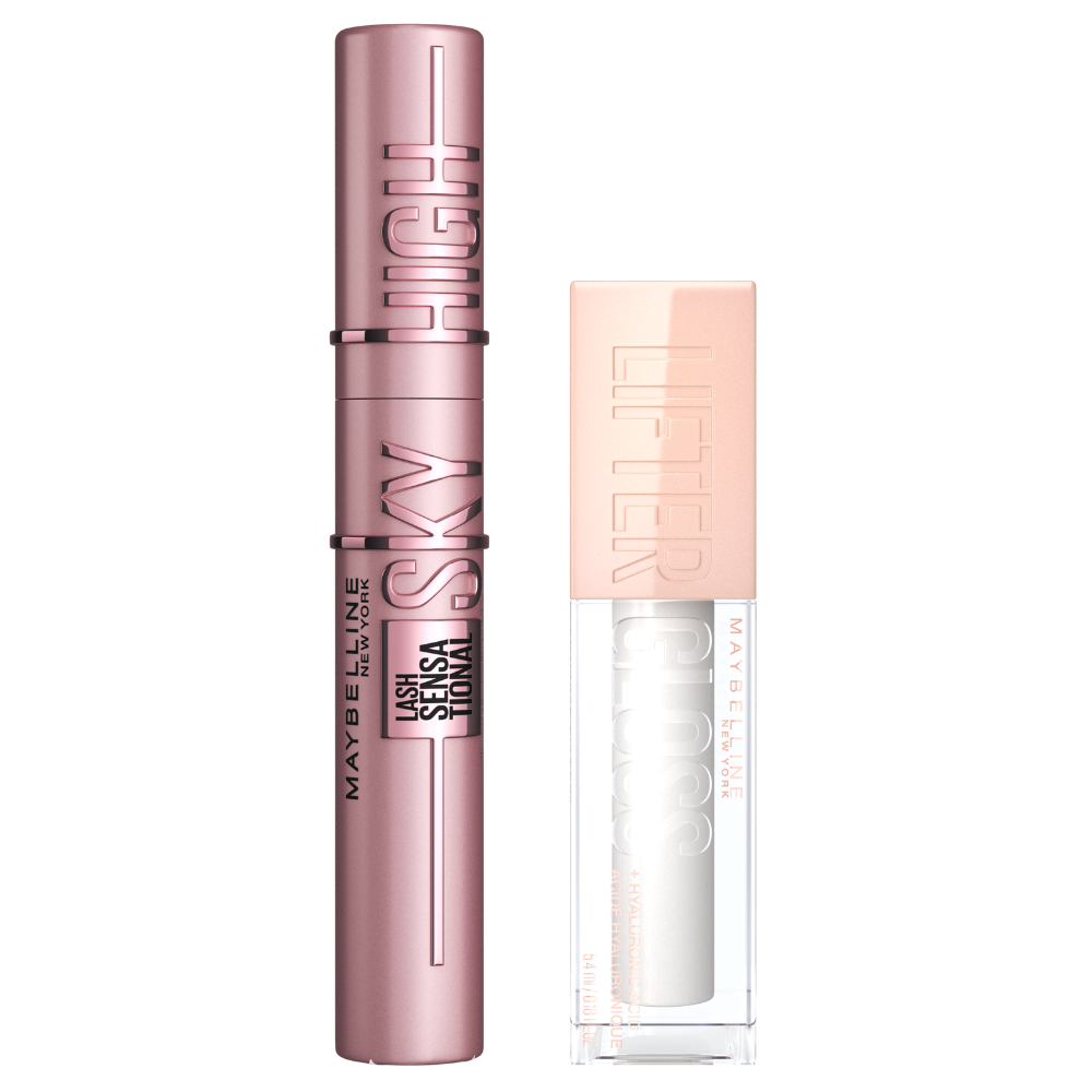 Maybelline New York | Kit rutina de maquillaje con la máscara de pestañas Sky High Tono Negro y el labial Lifter Gloss