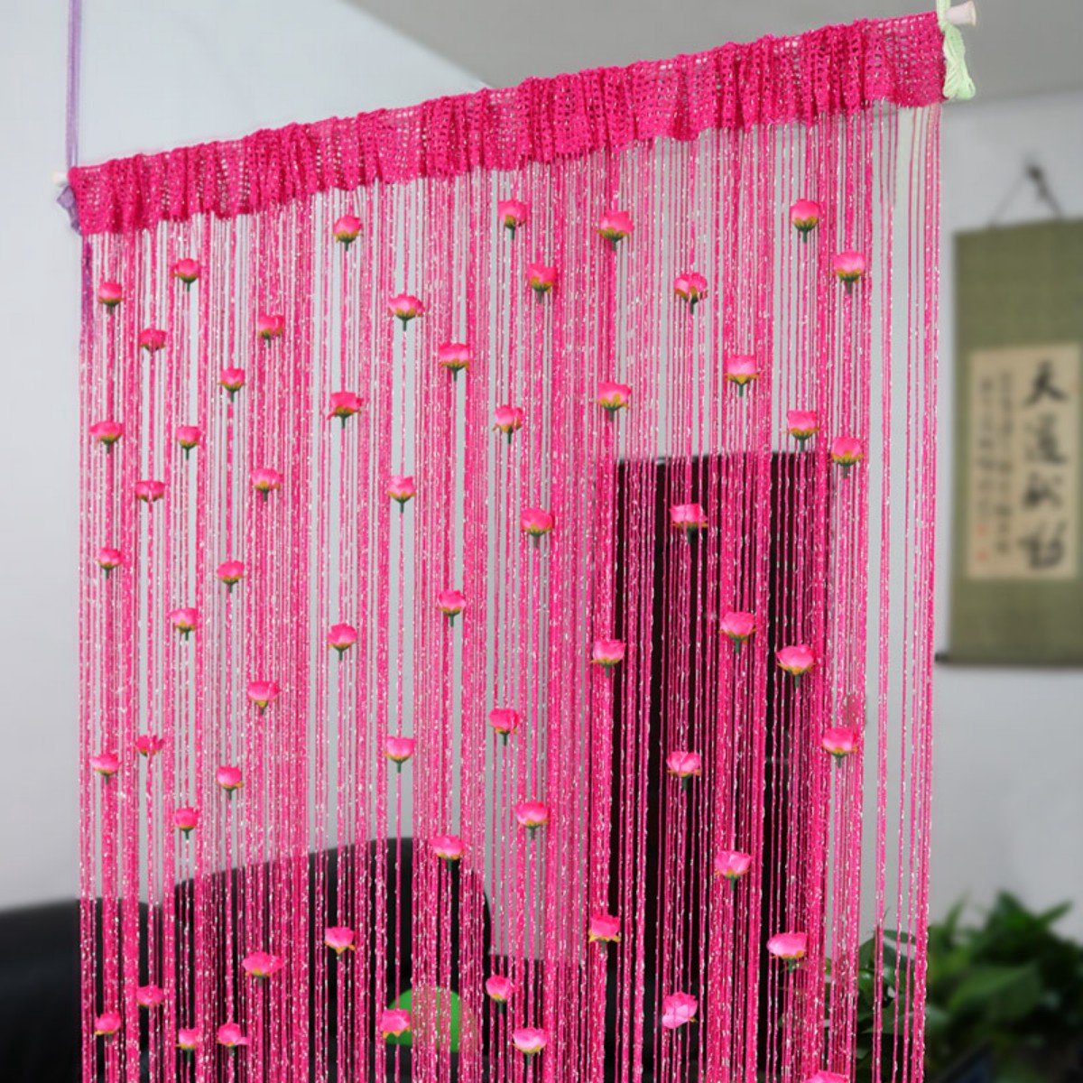 Cortina de puerta con cuentas de rosas, cortina con borlas, separador de ambientes, decoración del hogar, 1x2 metros