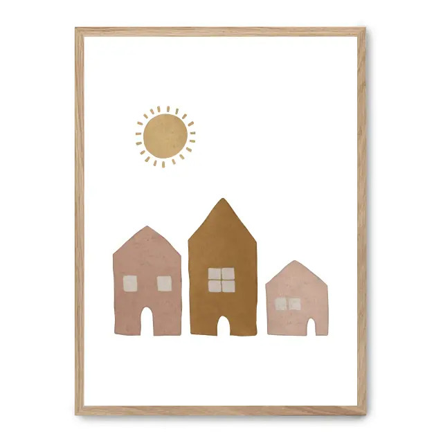 Lámina con marco negro HOUSES 21x30 cm, Póster impreso en papel de primera calidad de 180gr, montado sobre marco de madera MDF acabado en negro., Infantil - Bebé