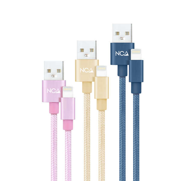 Nanocable pack de 3 cables mallados usb-a macho a lightning macho - longitud 1m - colores rosa, dorado y azul