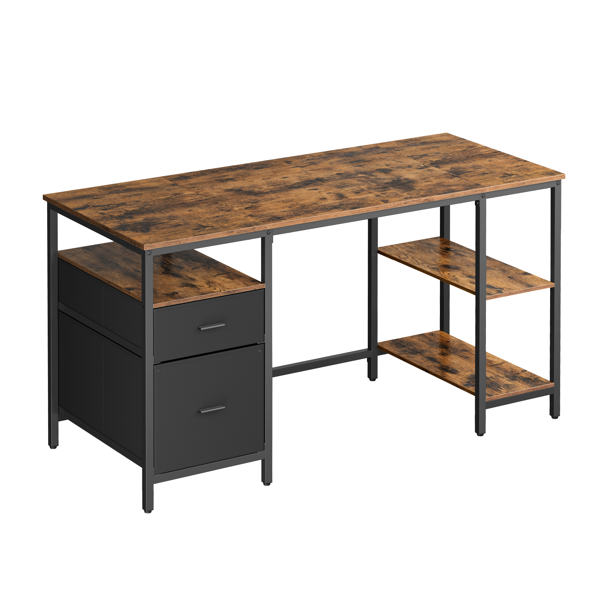 VASAGLE Escritorio, Mesa de Ordenador, Mesa de Oficina, con 3 Estantes, 2 Cajones, 60 x 140 x 76 cm, para Oficina, Salón, Estilo Industrial, Marrón Rústico y Negro/Roble Natural y Blanco Perla/Blanco Arce y Blanco Mate