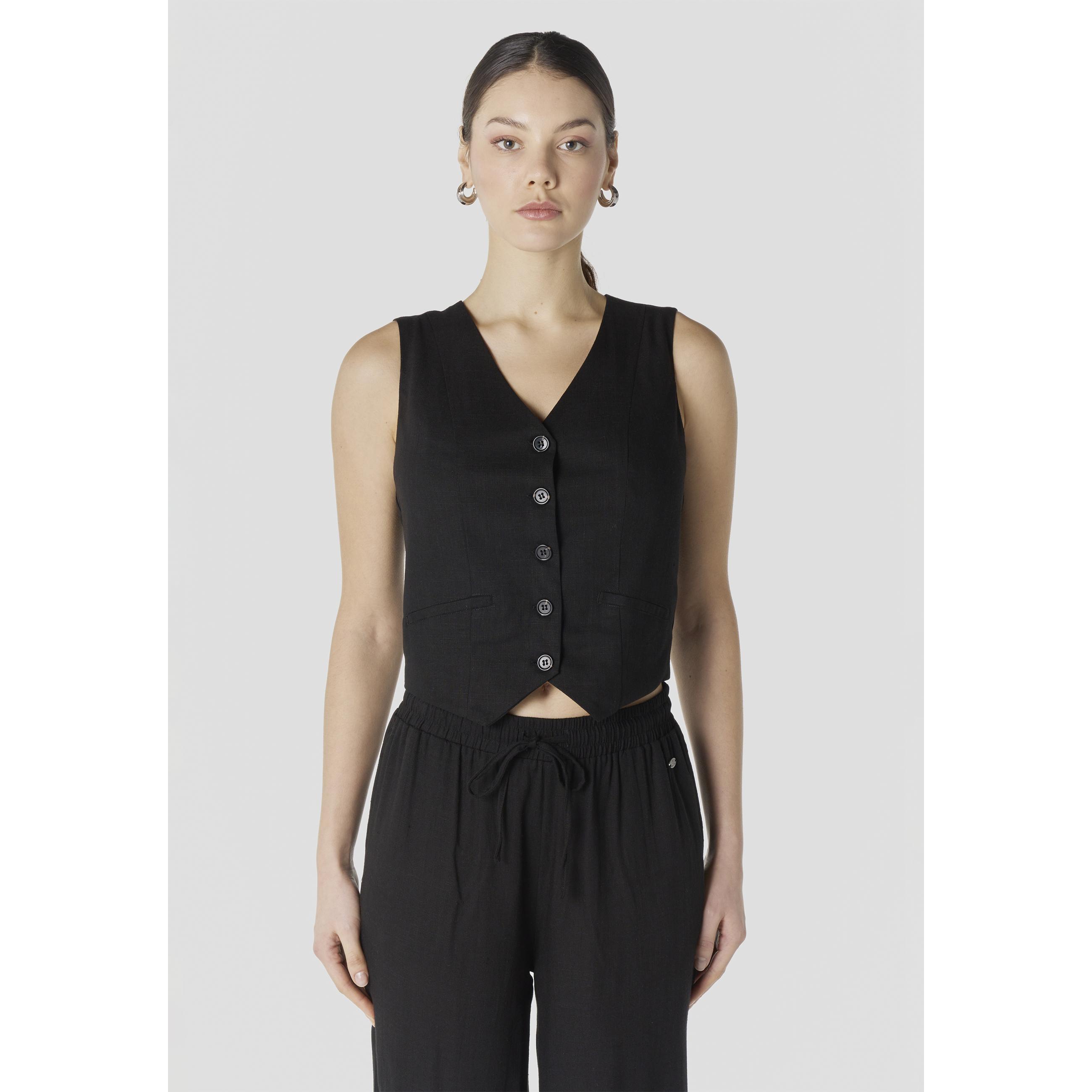 Koroshi - Chaleco mujer lino negro elegante con escote en V y bolsillos bordados, 80% viscosa 20% lino para oficina y eventos