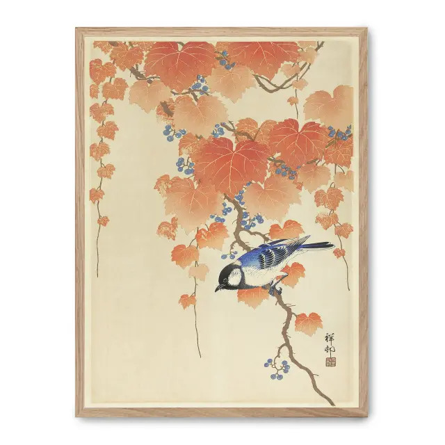 Cuadro autumn birds 30x40cm, Póster impreso en papel de primera calidad de 180gr, montado sobre marco de madera MDF acabado roble., Arte - Japonés