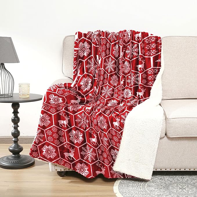 OsoNube - Manta de Navidad Borreguillo Nórdico Doble Cara Franela/Sherpa 130x160, 160x220, 220x240 cm - Manta Sofá/Cama, 100% Poliéster, Caliente Invierno Suave