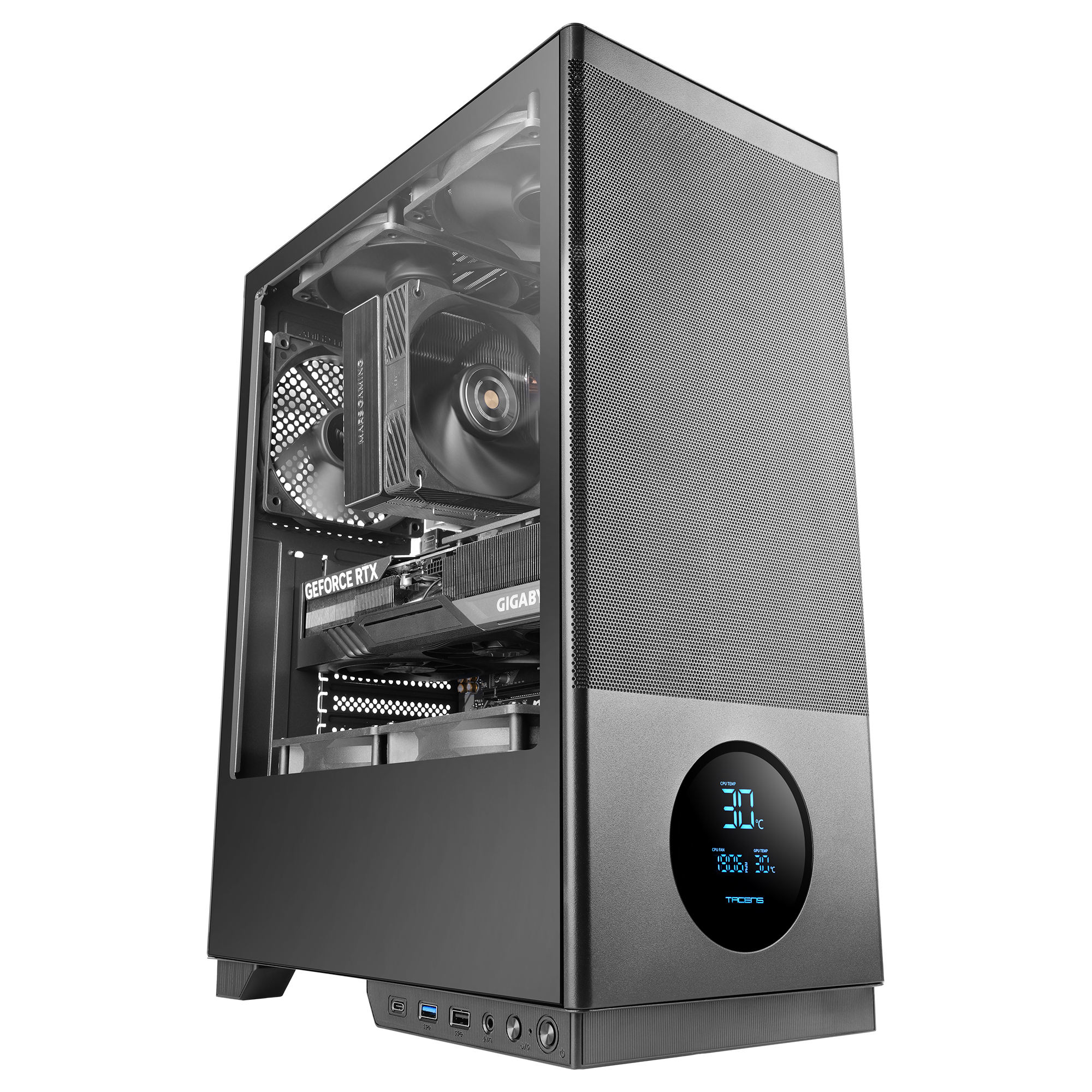 Tacens SAGITTA20, Caja PC ATX, Pantalla LED con Temperaturas en Tiempo Real, 3x Ventiladores 120mm, Cristal Templado Lateral, Frontal Mesh Metálico Antipolvo, CableHatch, USB-C, Caja Gaming ATX Negra o Blanca