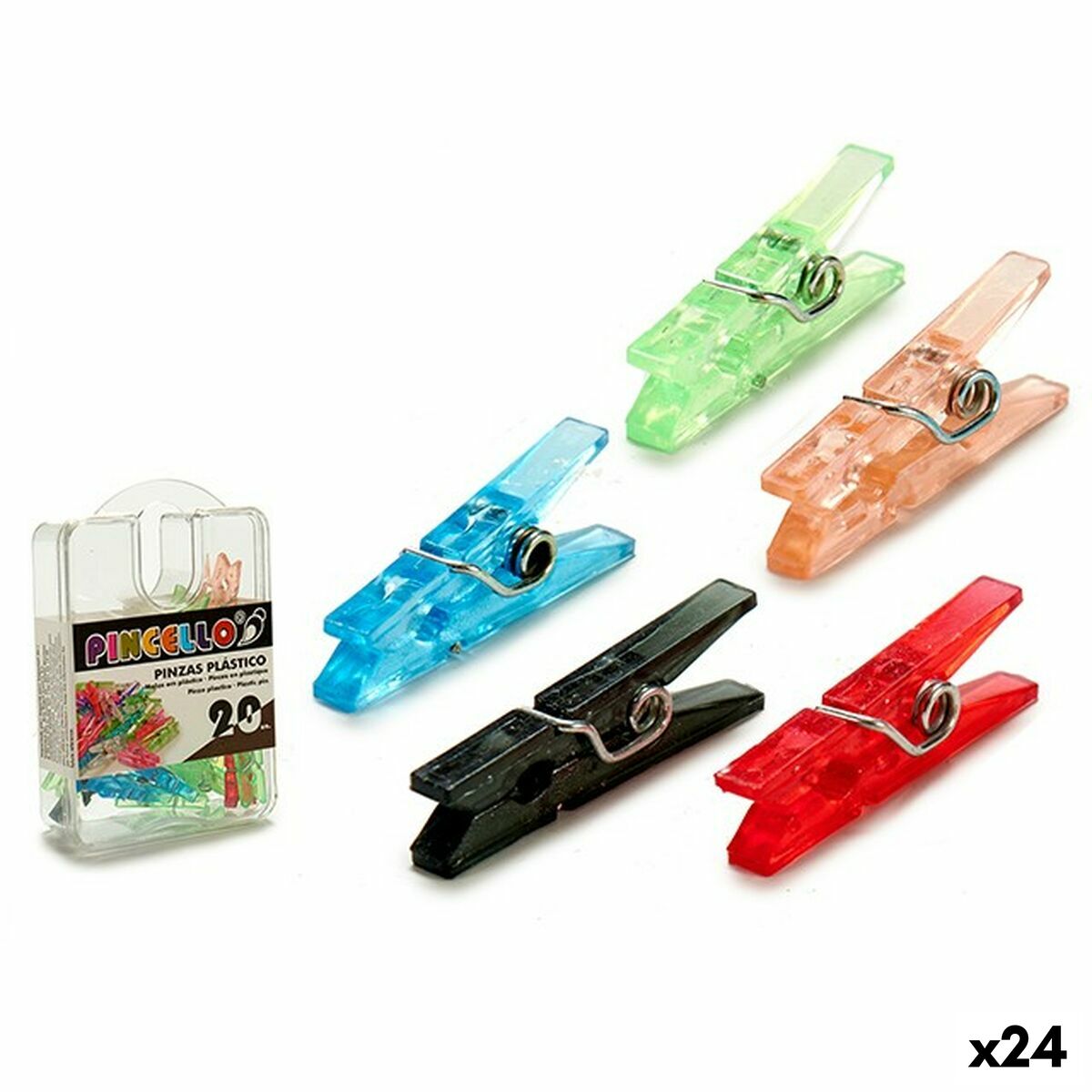 Pincello - Pinzas multicolor de plástico para oficina y escuela, 24 unidades (2 x 8,2 x 5,5 cm), ideales para organizar folios A4 y estuche escolar