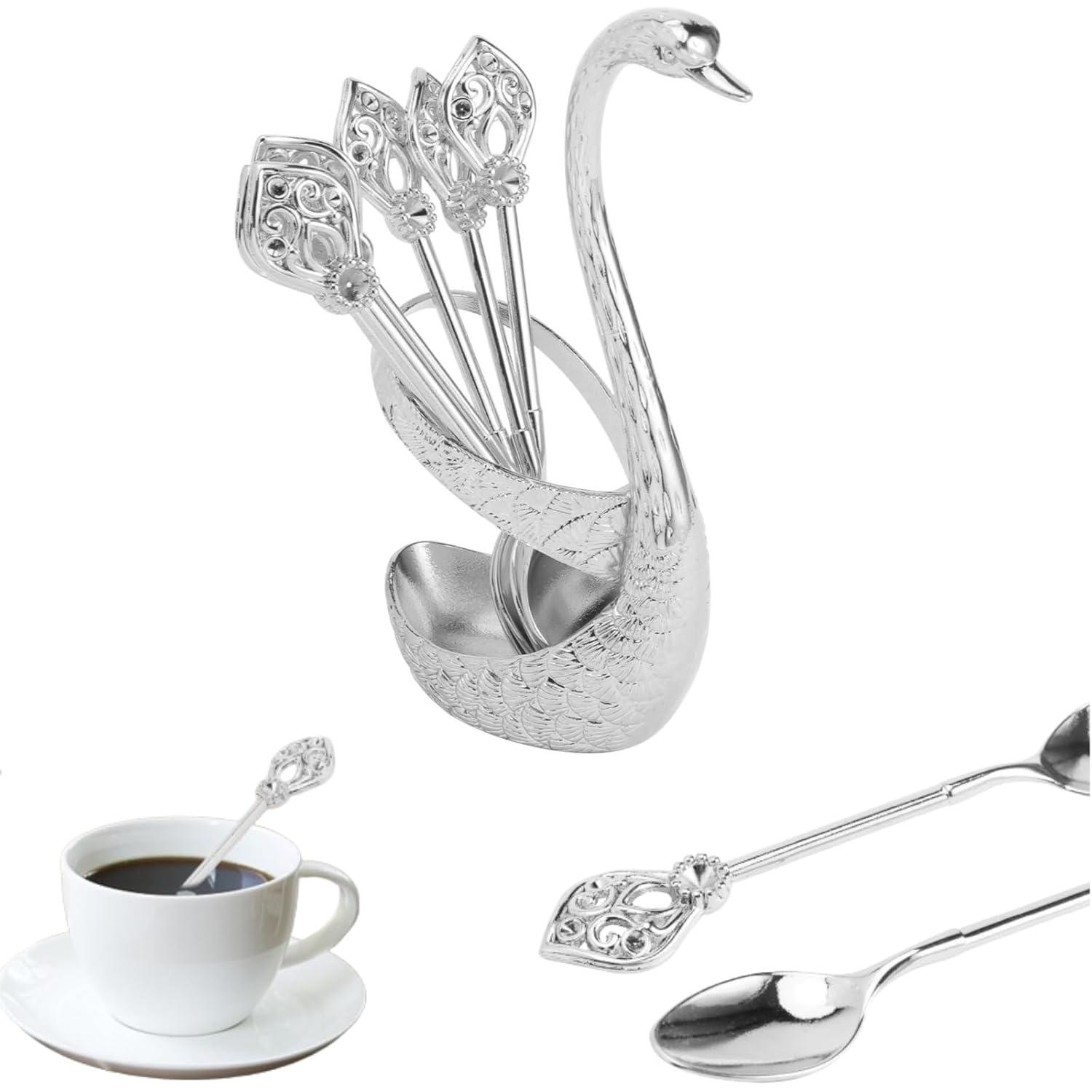 Juego de cucharas de café de 4.8 pulgadas con soporte, cuchara de cisne y tenedor, cucharas doradas duraderas, estación de café, organizador de almacenamiento para el hogar, cocina, regalo universal