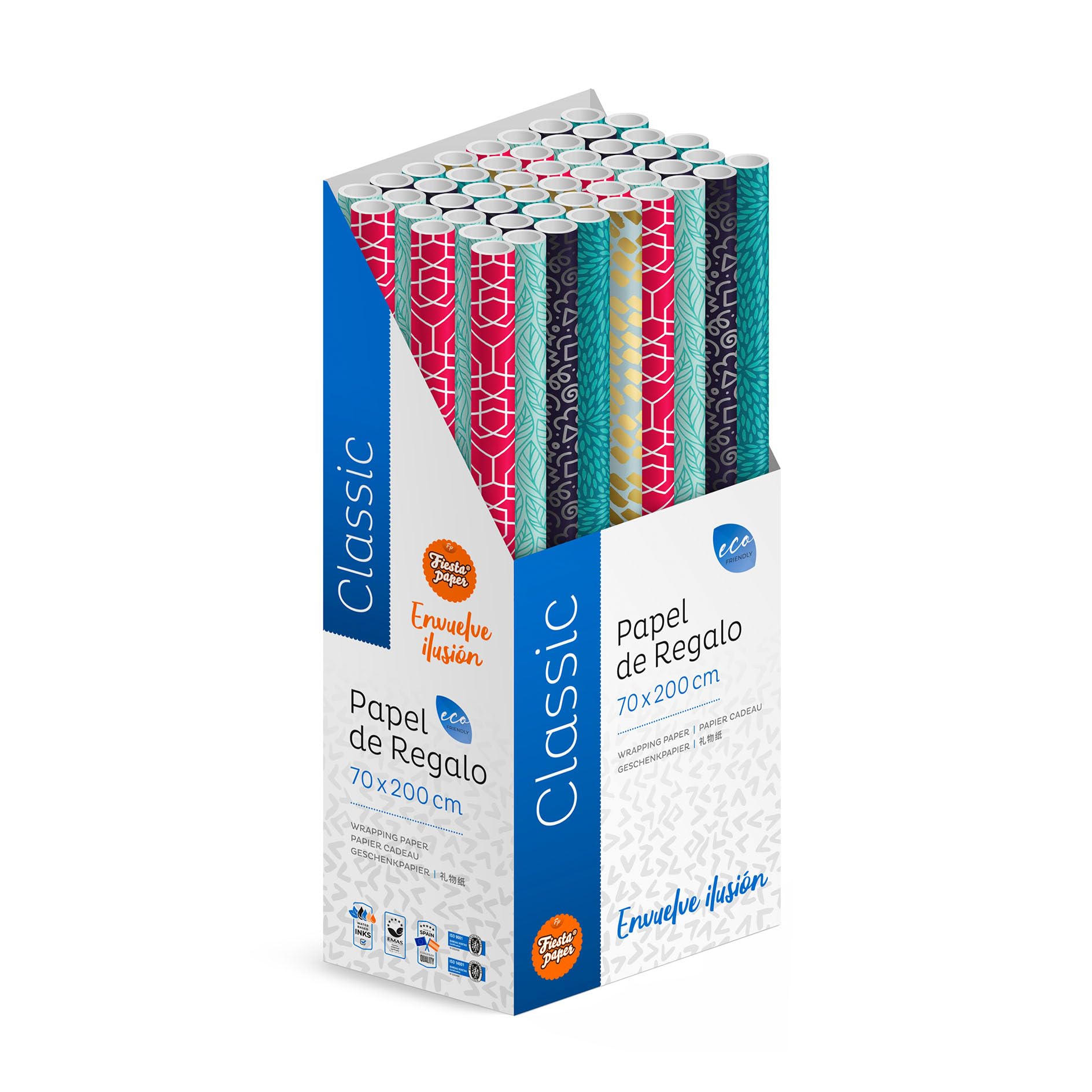 Pack 50 Rollos Papel Regalo Resistente, Caja Expositora, Acabado de Calidad, Listo para Tienda, Uso Comercial, Regalos Eventos Comercios - FP Fiesta Paper