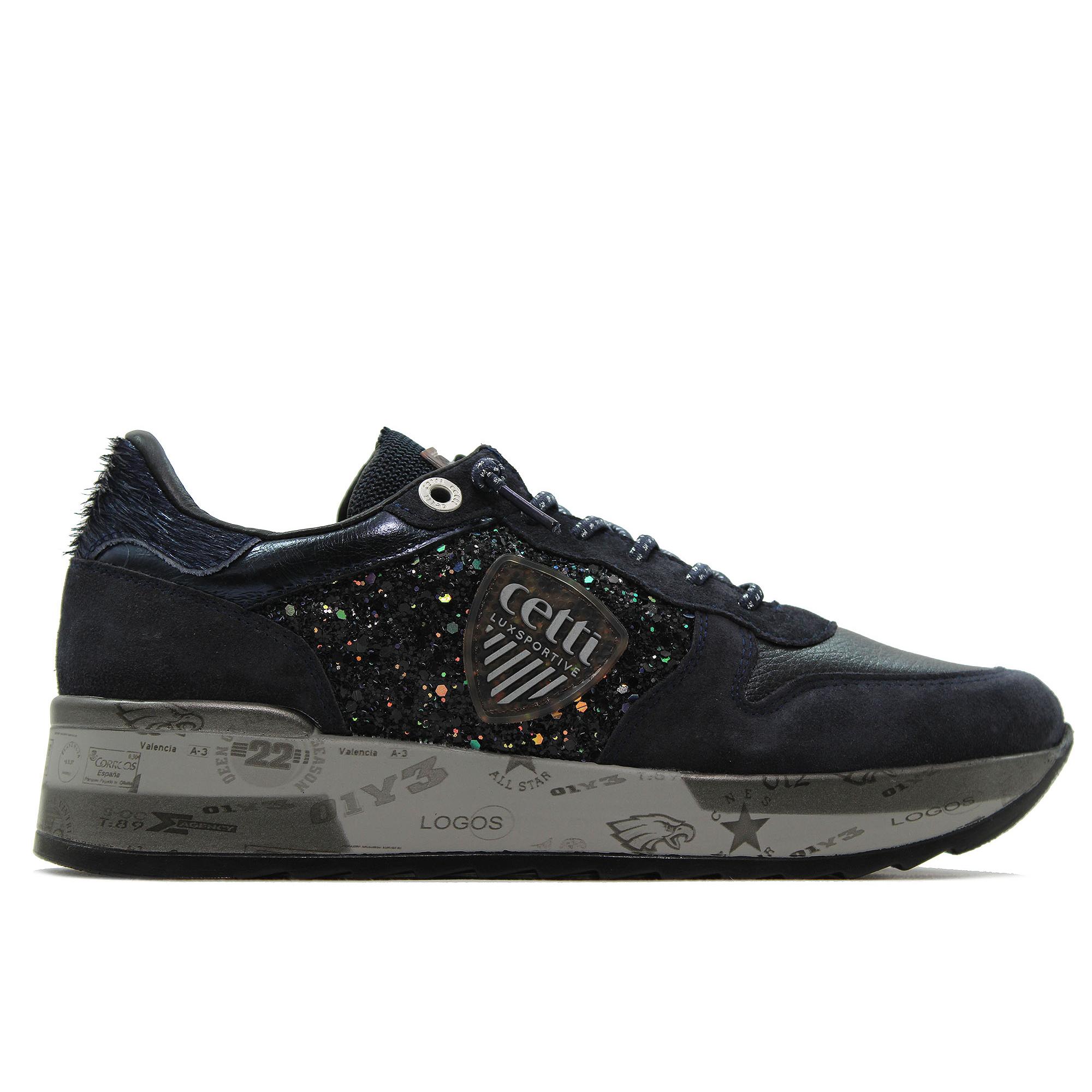 Cetti C-1368 Zapatilla sneakers deportiva casual, de piel y tela, cordón elástico, estrella,brillo,suela de goma, para señora