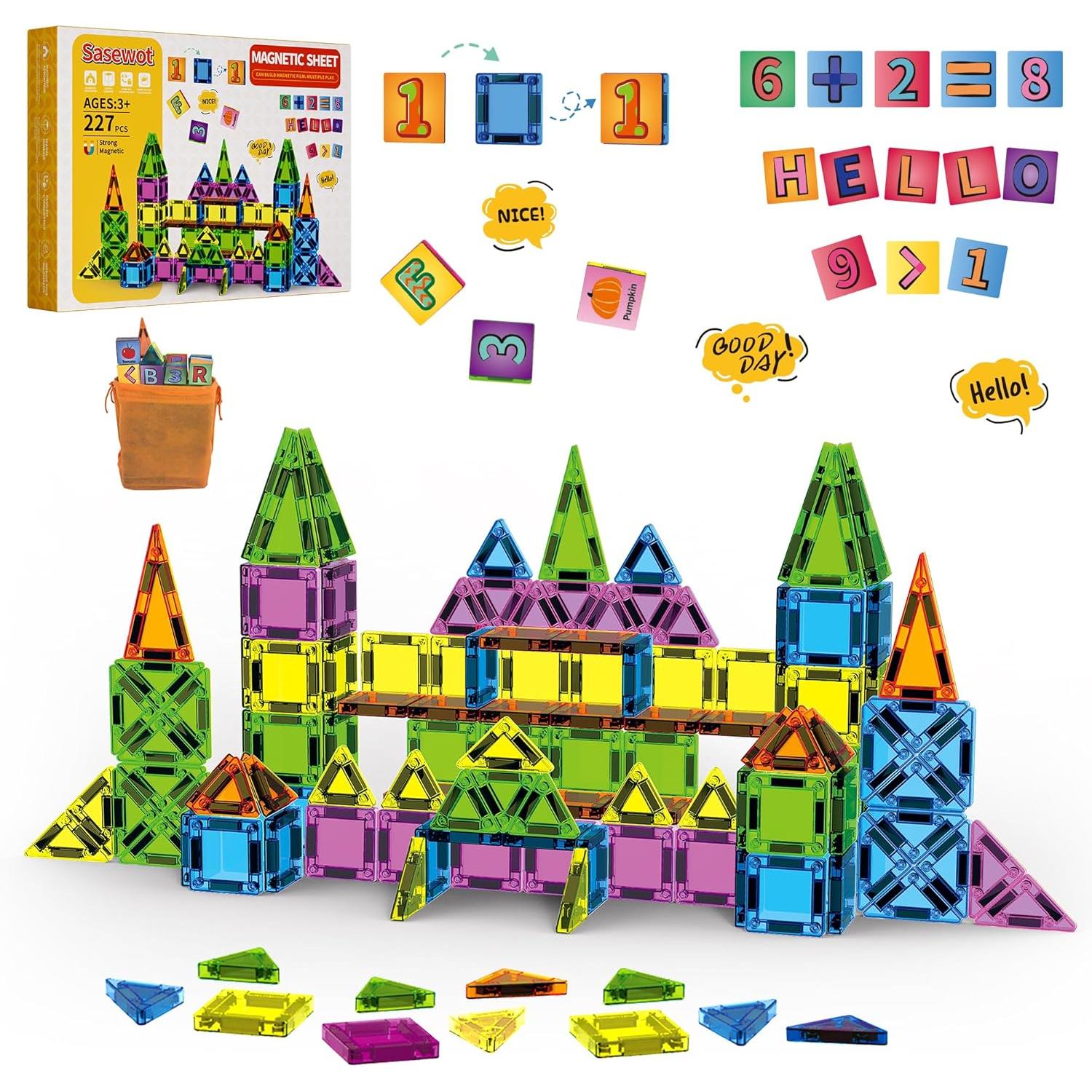 Juguete de Bloques de Construcción Magnéticos – Bloques Magnéticos Educativos Stem para Niños, Aprendizaje Creativo Sensorial Montessori para Bebés y Niños de 3+ Años – 227 Piezas