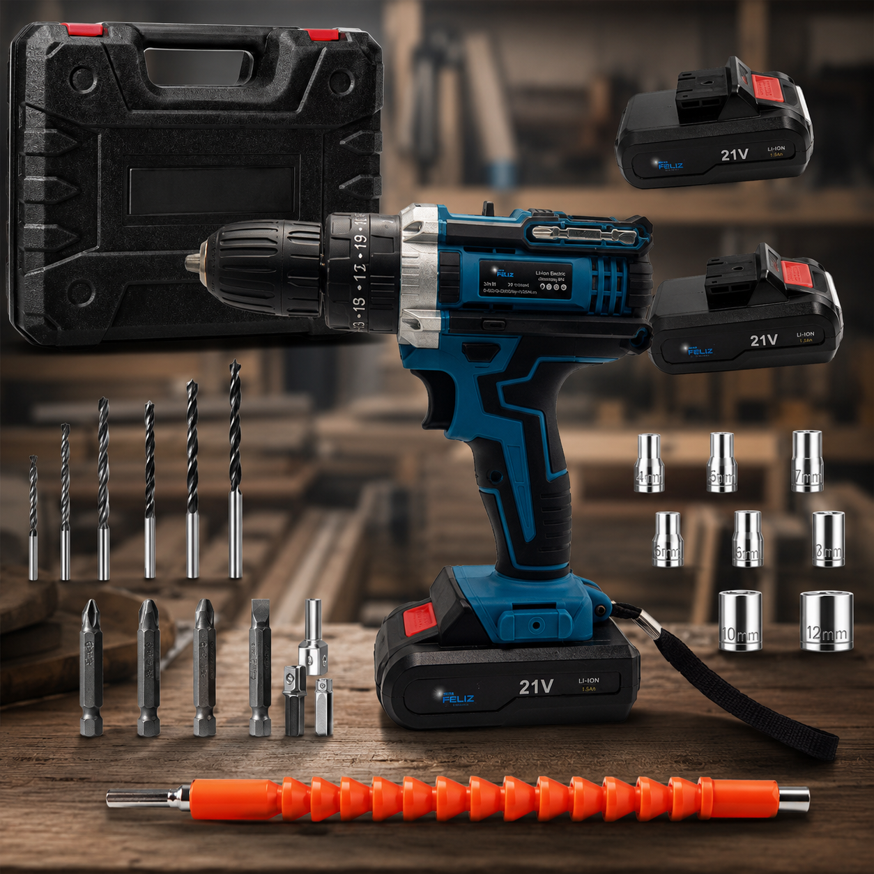 Don Feliz Taladro Percutor Inalámbrico 21V con 2 Baterías 1,5Ah, Taladro Atornillador Eléctrico 25+3 Ajustes de Par, 2 Velocidades, Portabrocas sin Llave, Kit Completo con Maletín