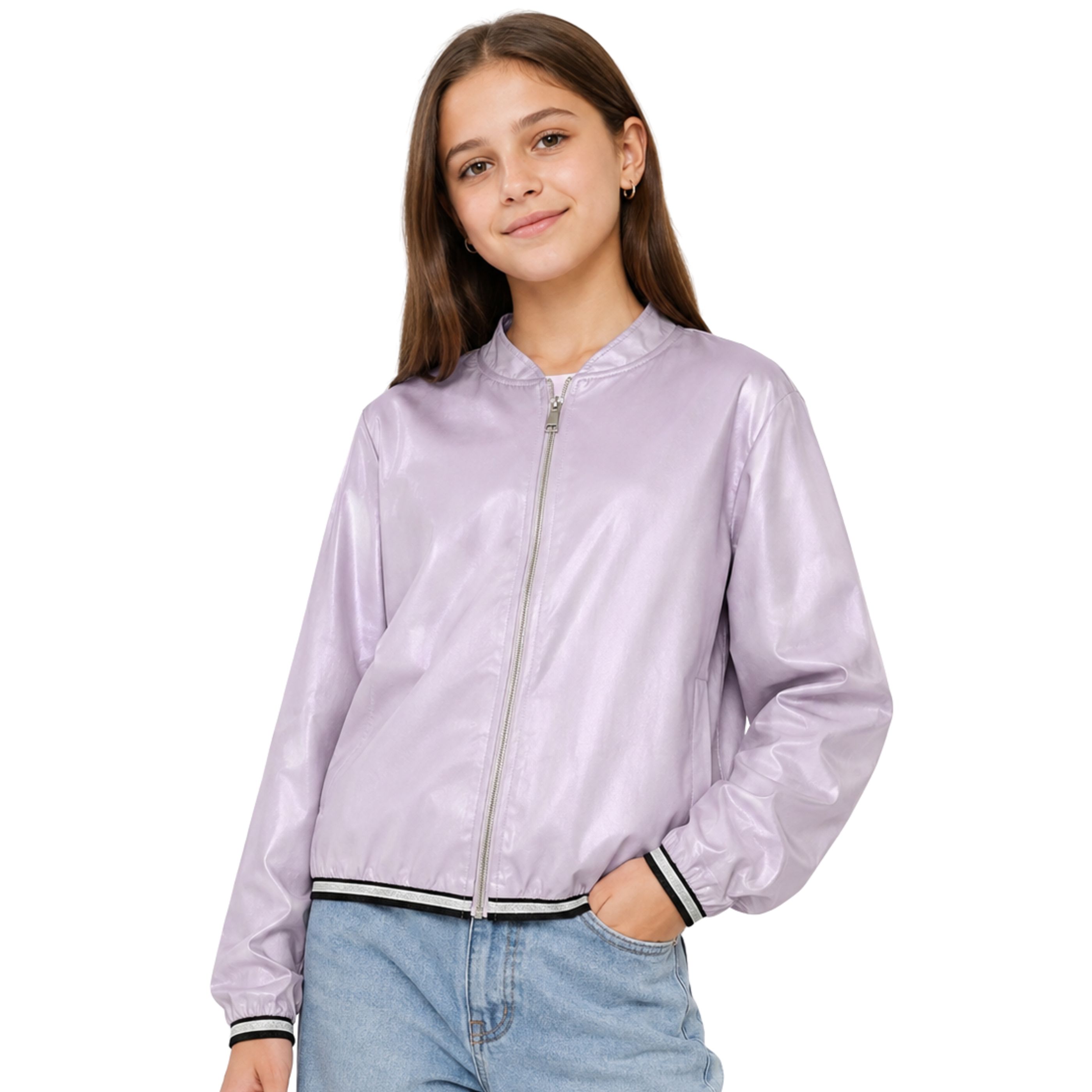 Chaqueta Tipo Bomber Morada Violeta Polipiel para Niña con Gomas Elásticas Cierre en Cremallera Eco Piel Cazadora Entretiempo Niña