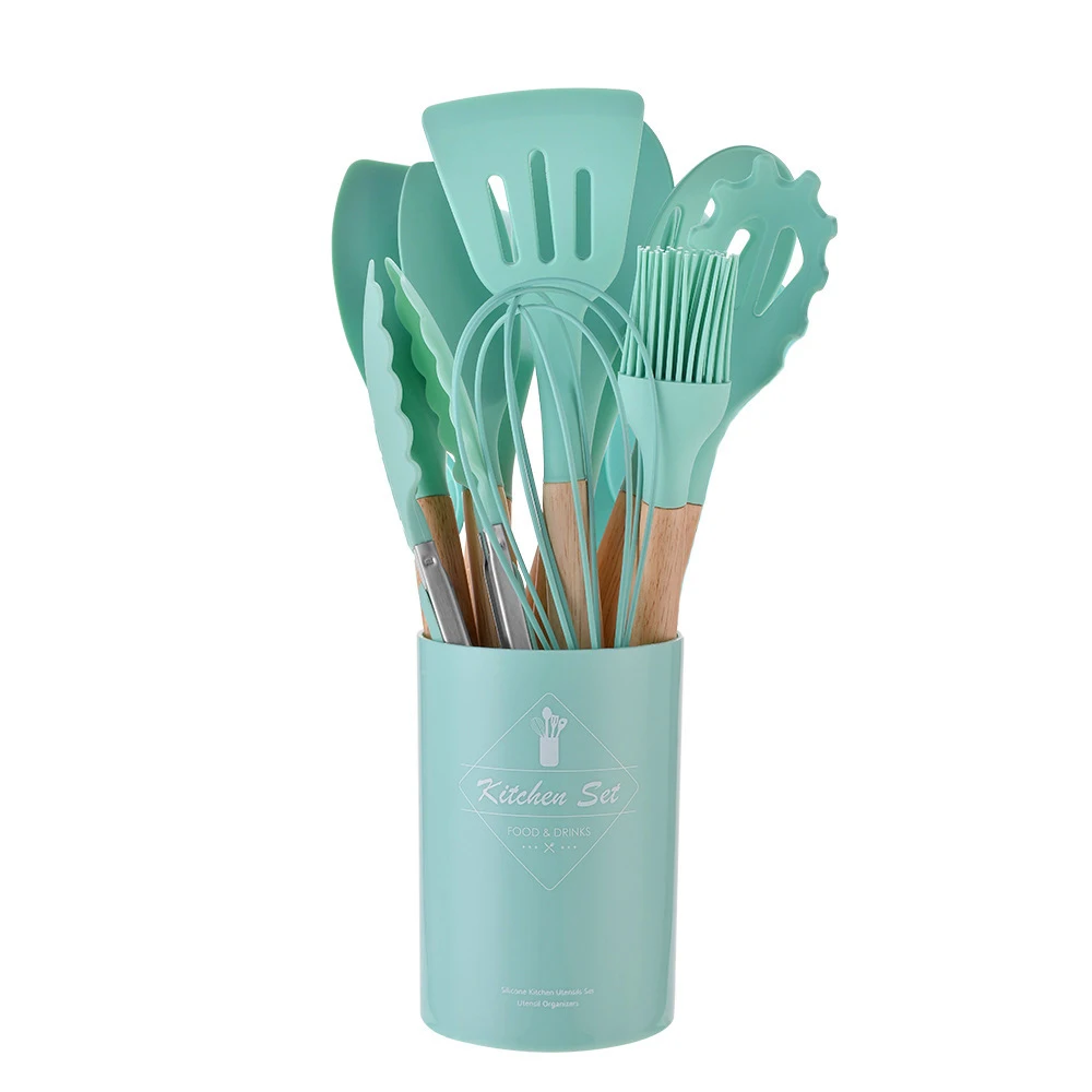 TK Set De Utensilios De Cocina Ecológicos De Silicona No Adherente Con Mango De Madera 12 Piezas Incluye Espátula Shovel Batidores De Huevo Herramientas De Cocina