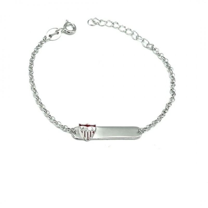 Sevilla F.C. - Pulsera infantil CJ2007A de plata de ley 925 con escudo oficial a color, placa personalizable y cierre de resorte, incluye caja y etiqueta de autenticidad