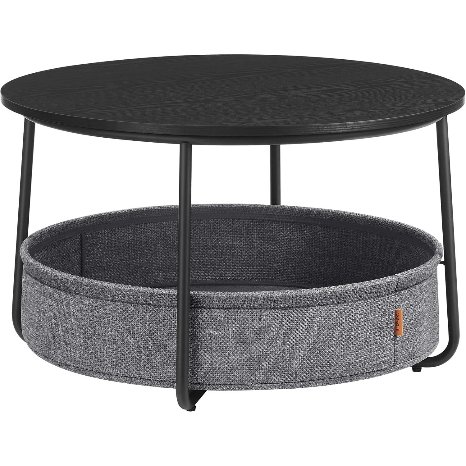 VASAGLE Mesa de Centro Redonda con Almacenamiento, Mesa de Salón con Cesta de Tela, Estilo Moderno, Marco de Metal, Negro Tinta y Gris Pizarra/Blanco Mate y Marrón Camello