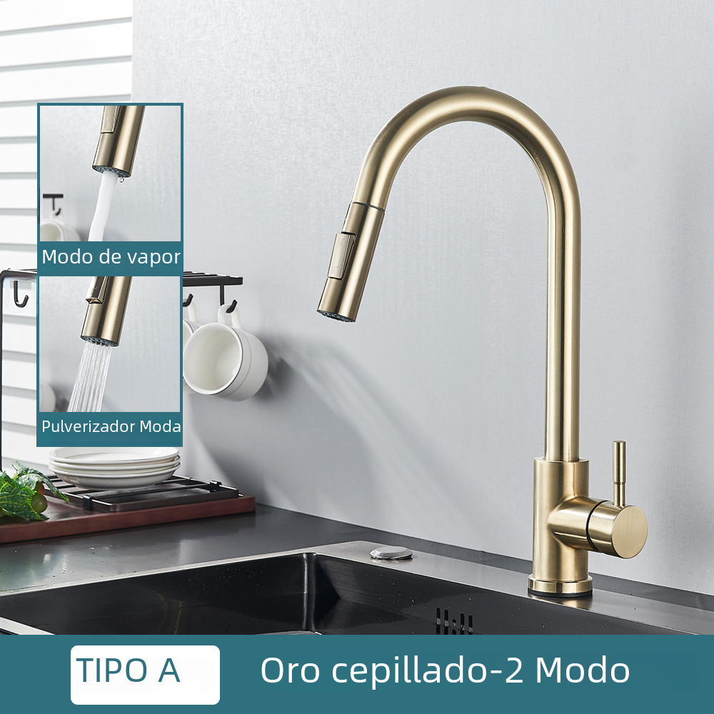 Grifo de Cocina Negro de dos funciones, cóctel extraible de un solo Mango, Grifos de Agua Caliente y fría Montadas en cubierta