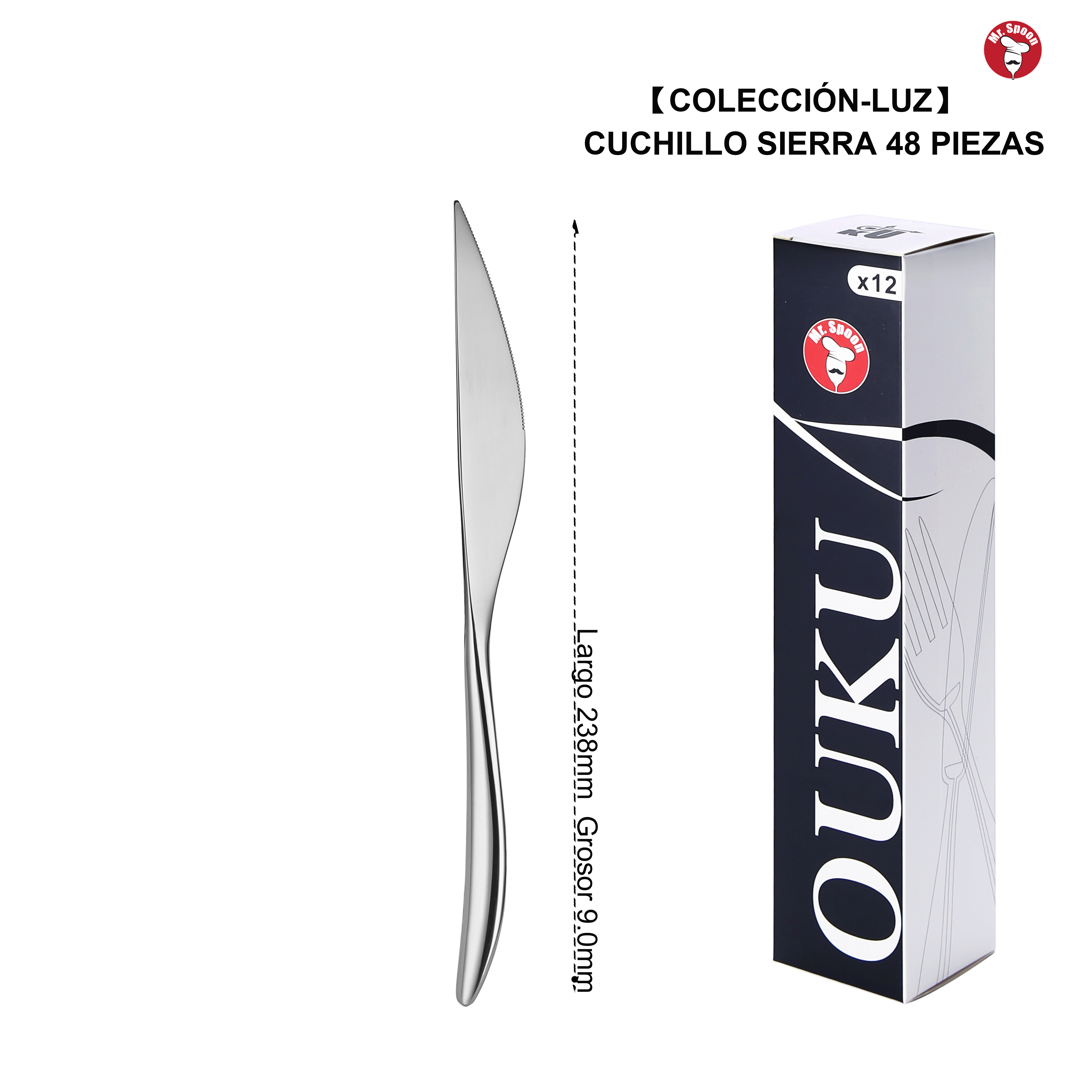 Cuchillo de Carne / Cuchillo de Sierra Mr.Spoon Serie Luz Clásica 238mm Acero Inoxidable 13/0 Plateado, Corte Preciso para Carne y Asados, Diseño Elegante y Funcional, Apto para Lavavajillas,Uso Profesional Hostelería Restaurante Hotel Venta Mayorista