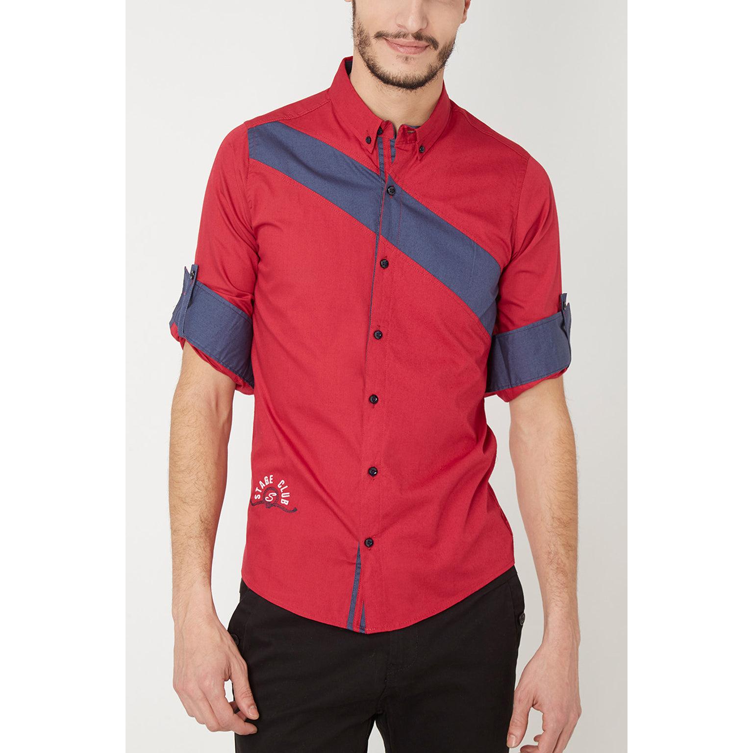 Camisa casual bicolor hombre, diseño único botones diagonales, algodón suave, contraste azul y rojo, manga larga enrollable, moderna, cómoda, talla L, combina jeans o vestir, versátil, urbana ✅Entrega 24/48h